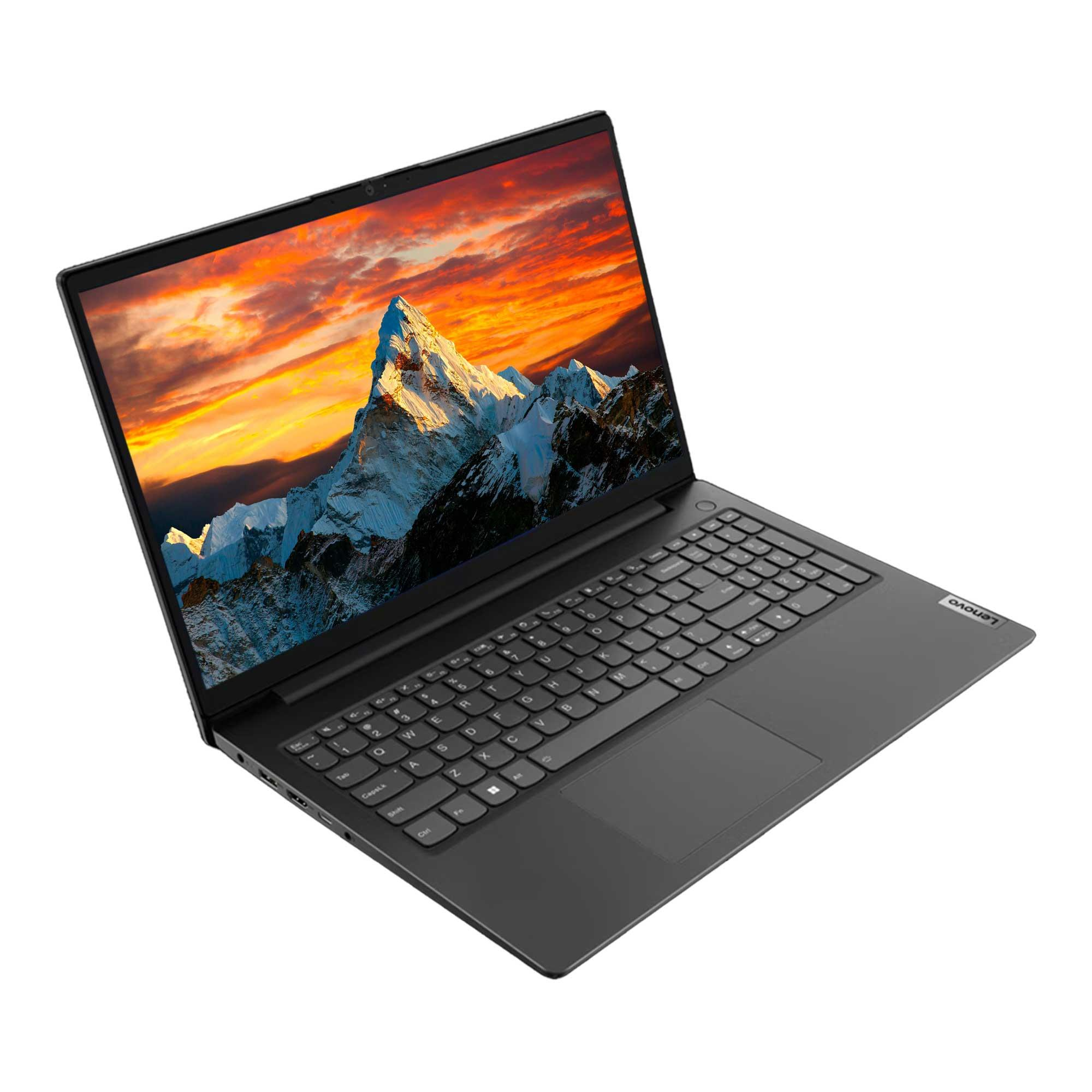 Siyah bir Lenovo dizüstü bilgisayar açık, dağ manzarasını gösteriyor. Klavye görünür durumda, sağda Lenovo logosu var.