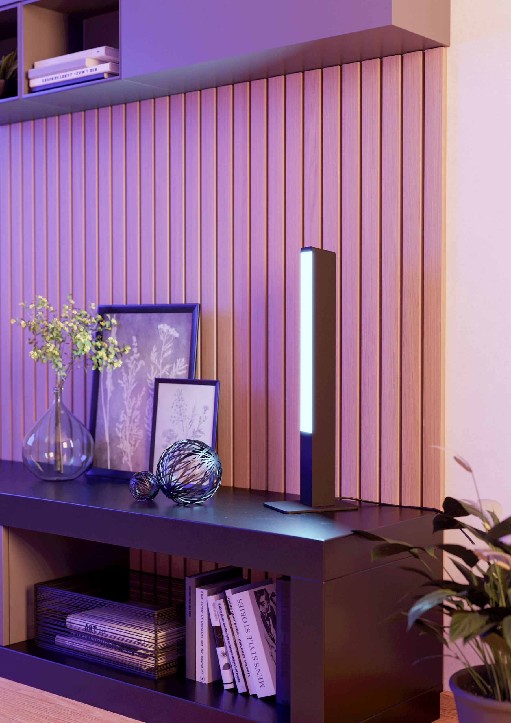 Moderne Inneneinrichtung mit Lampe, Deko und gerahmten Kunstwerken auf einem schwarzen Regal. Holzpaneelwand.