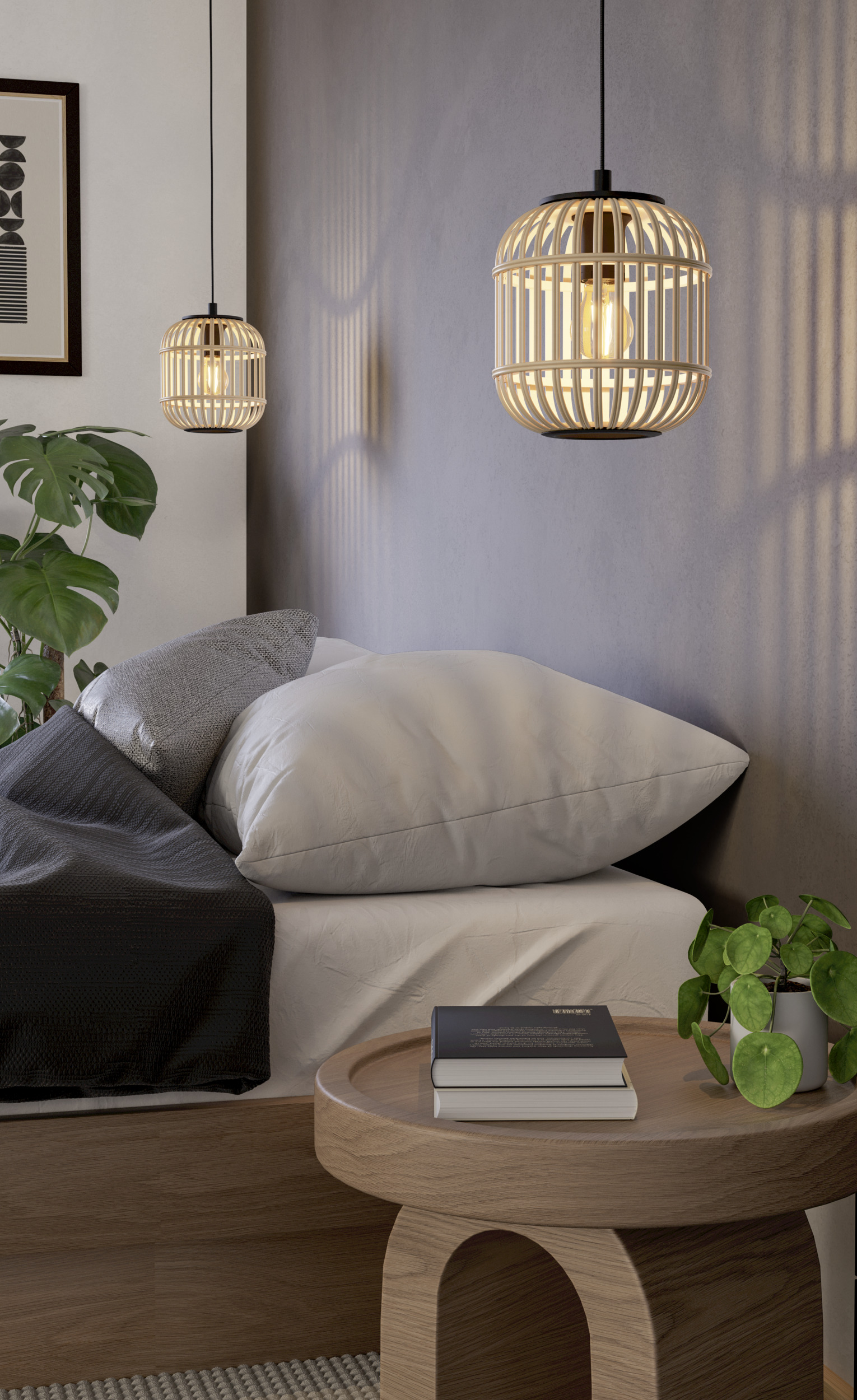 Schlafzimmerszene mit Bett, Kissen, Lampen und Beistelltisch. Pflanzen und Bücher sind sichtbar. Weiche Beleuchtung und neutrale Töne.