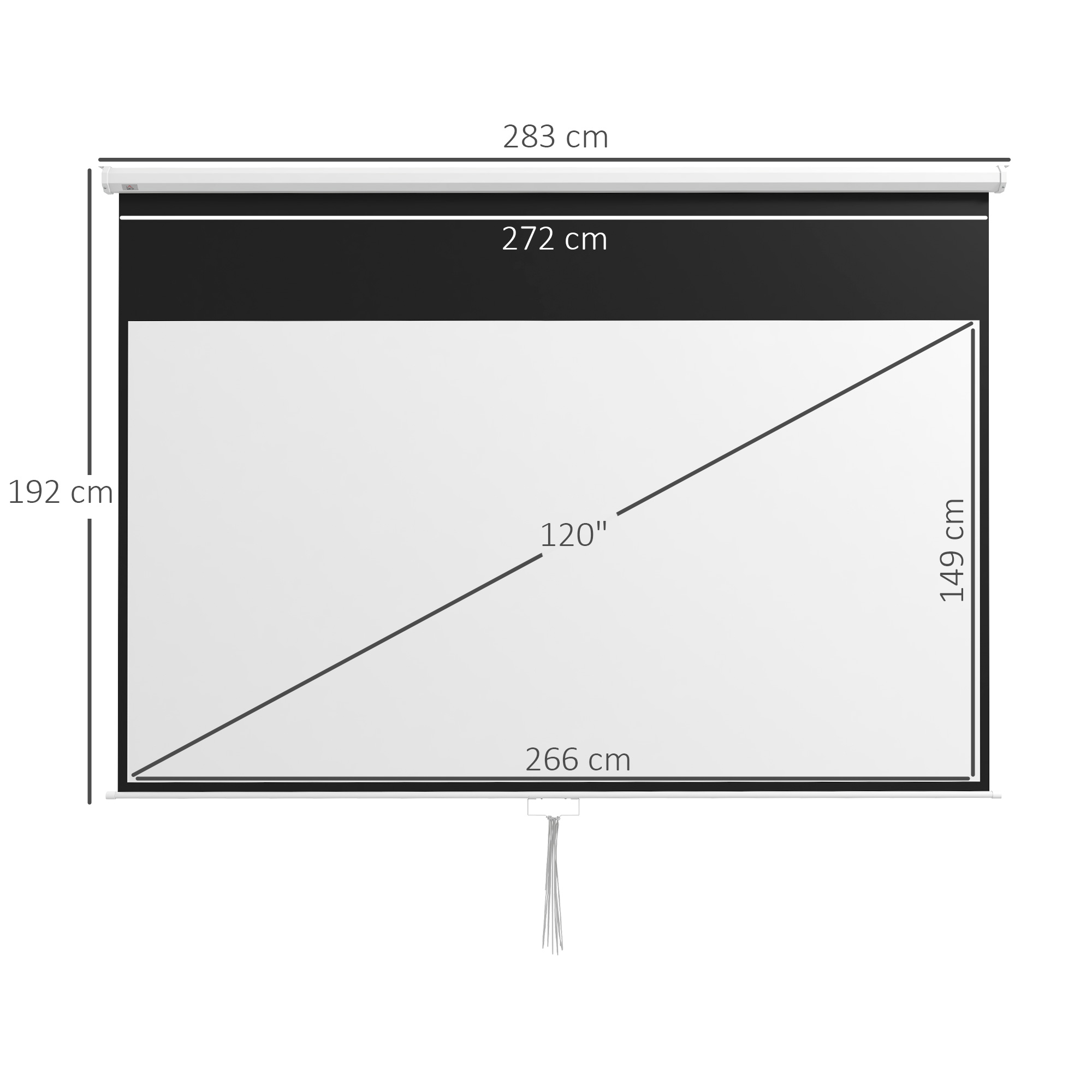 Una pantalla de proyector blanca con bordes negros y dimensiones etiquetadas. Sección superior negra y un cordón visible.