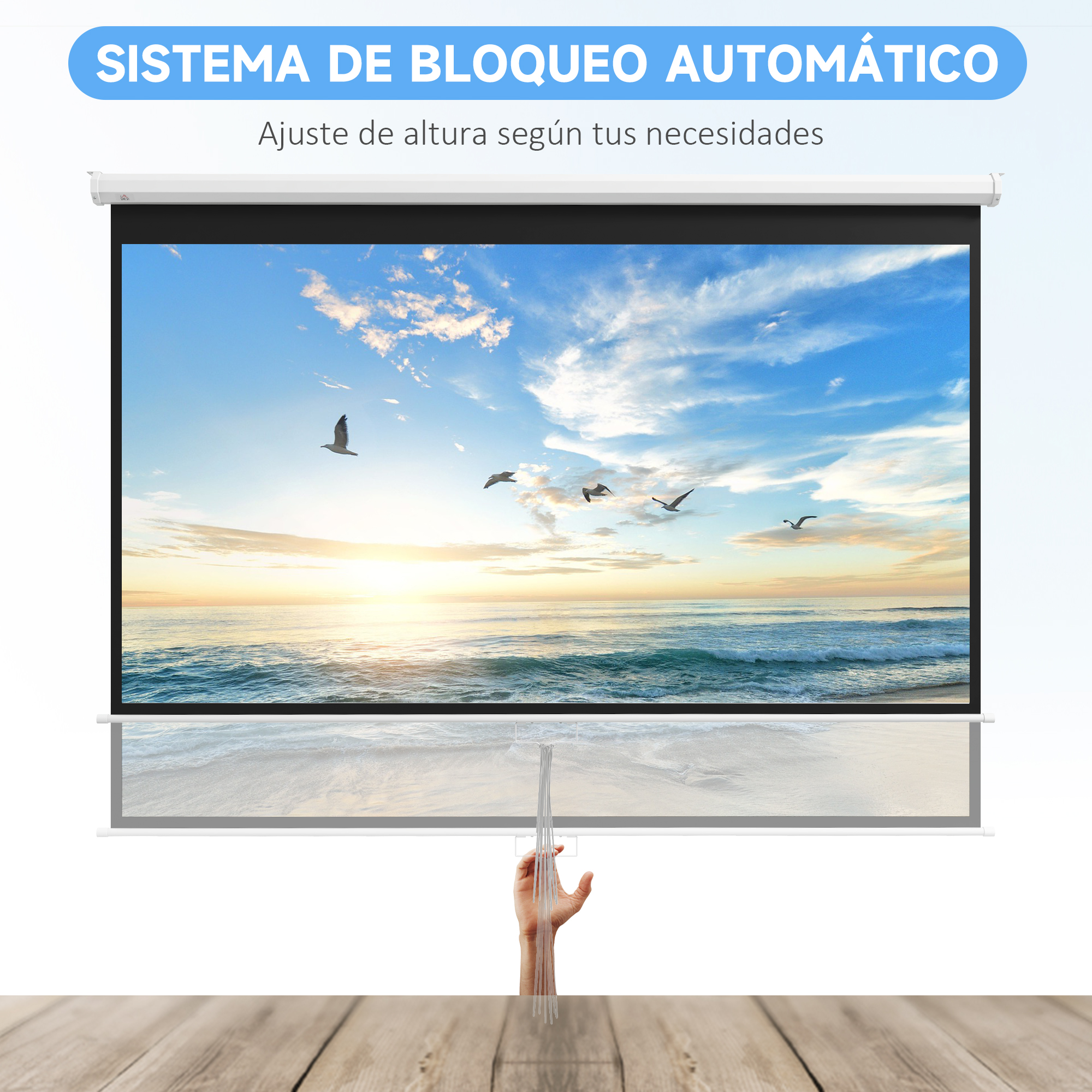 Una pantalla de proyector muestra una escena de playa con gaviotas, cielo azul y océano. Una mano tira de la pantalla hacia abajo.