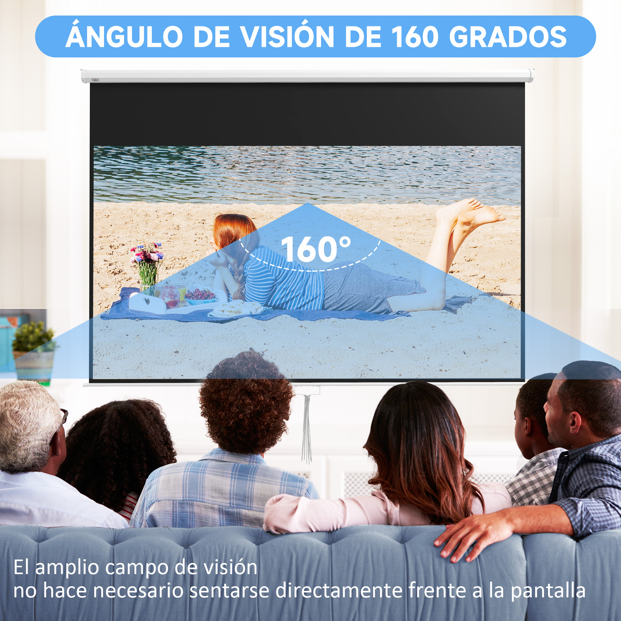 Una pantalla muestra una escena de playa con gente. Un grupo mira desde un sofá. El texto dice 'ángulo de visión de 160 grados'.