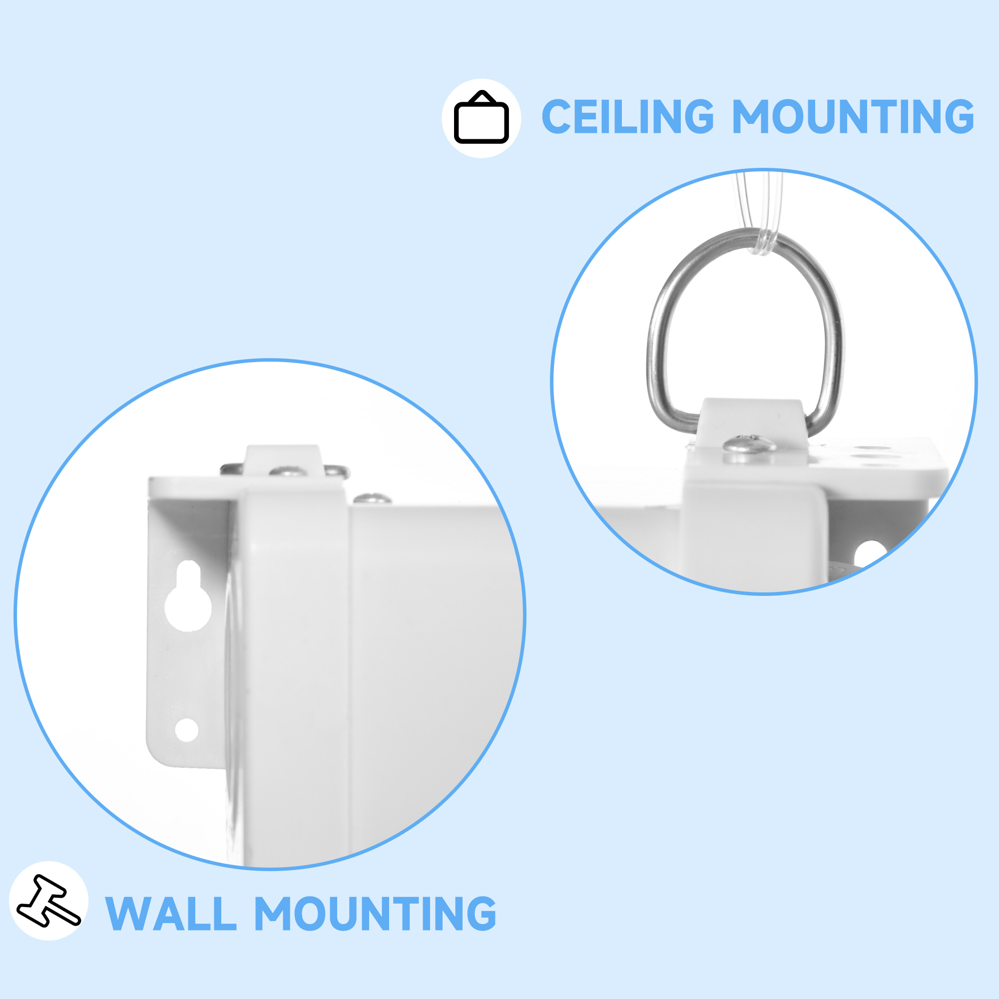 La imagen muestra opciones de montaje en techo y pared. Incluye primeros planos del hardware de montaje sobre fondo azul claro.