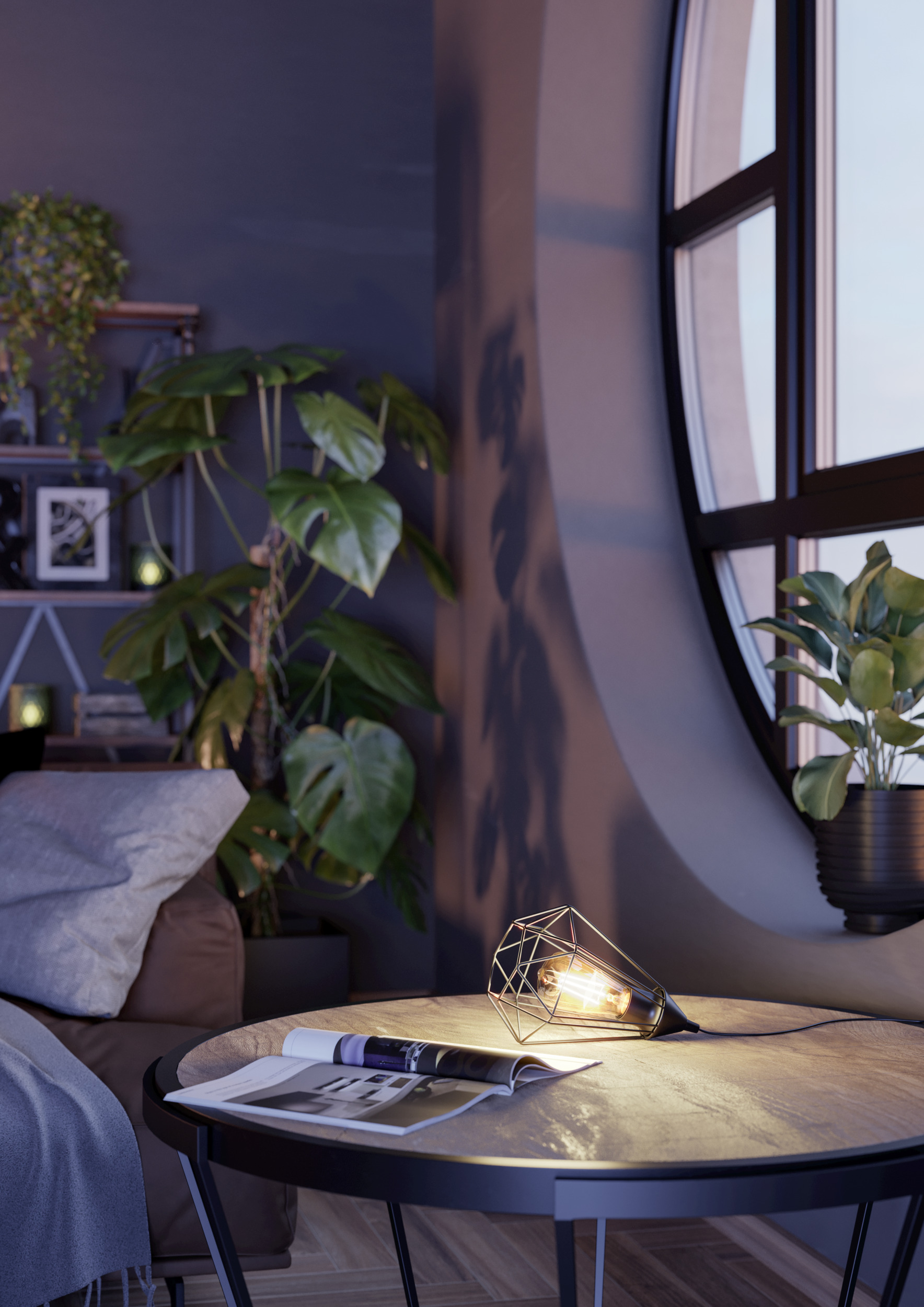 Una sala de estar moderna con mesa, lámpara, plantas y una ventana grande con vistas al exterior.