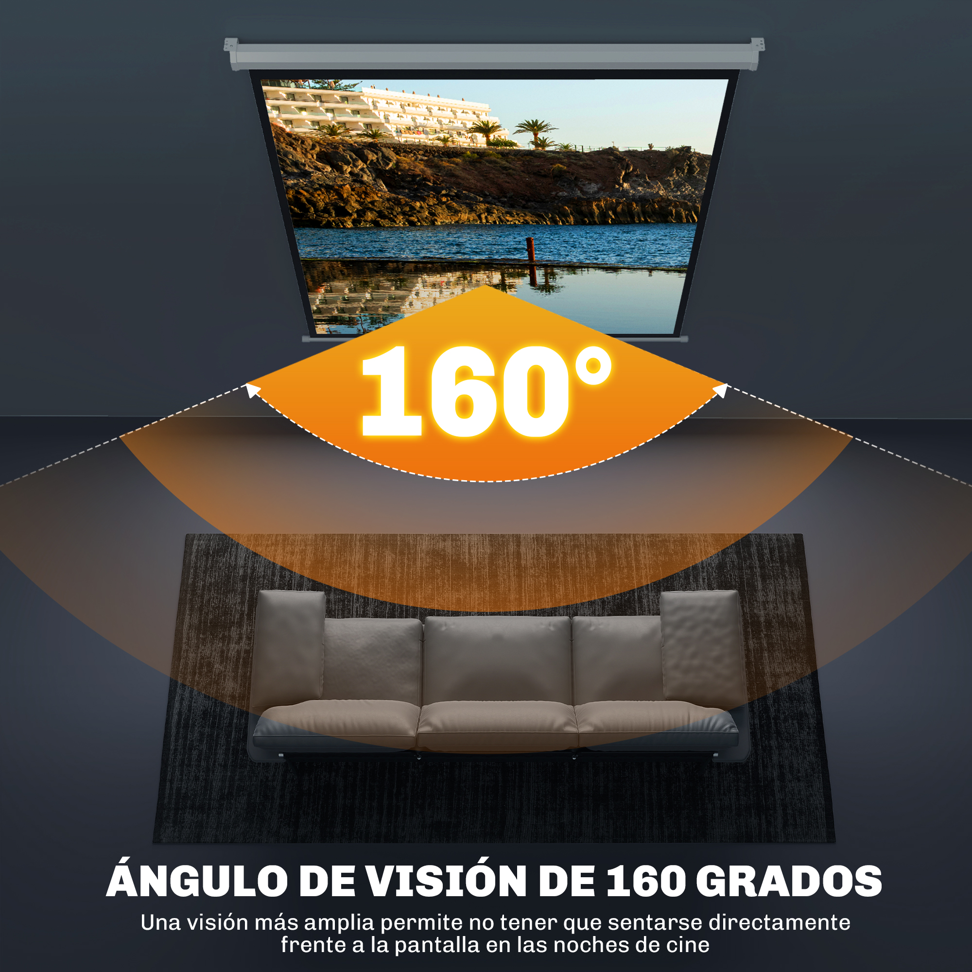 Una habitación con una pantalla que muestra una vista costera. Un sofá está al frente. Muestra un ángulo de visión de 160 grados.