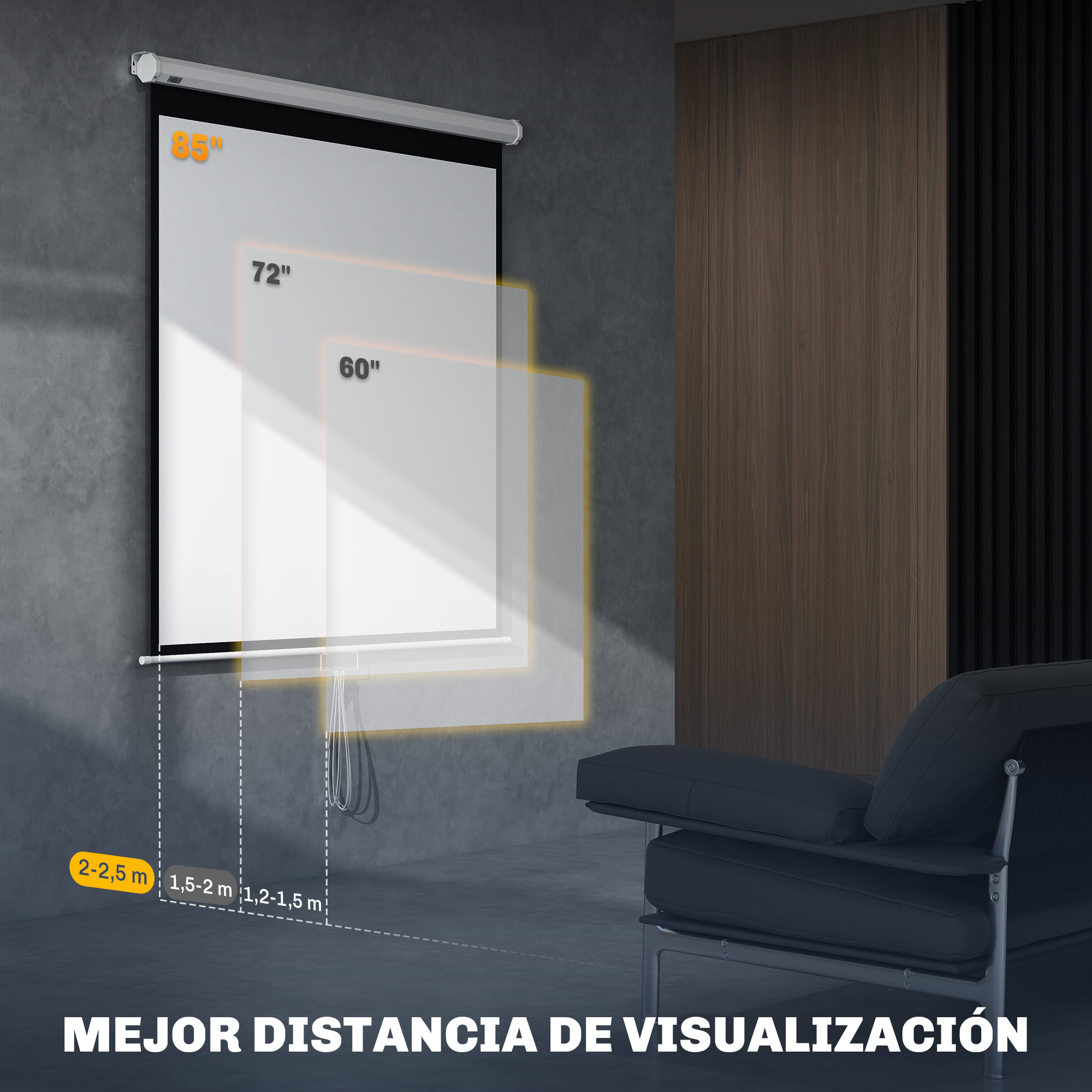 Pantalla de proyector con indicadores de tamaño: 85", 72" y 60". Distancias para una visualización óptima. Sofá atrás.
