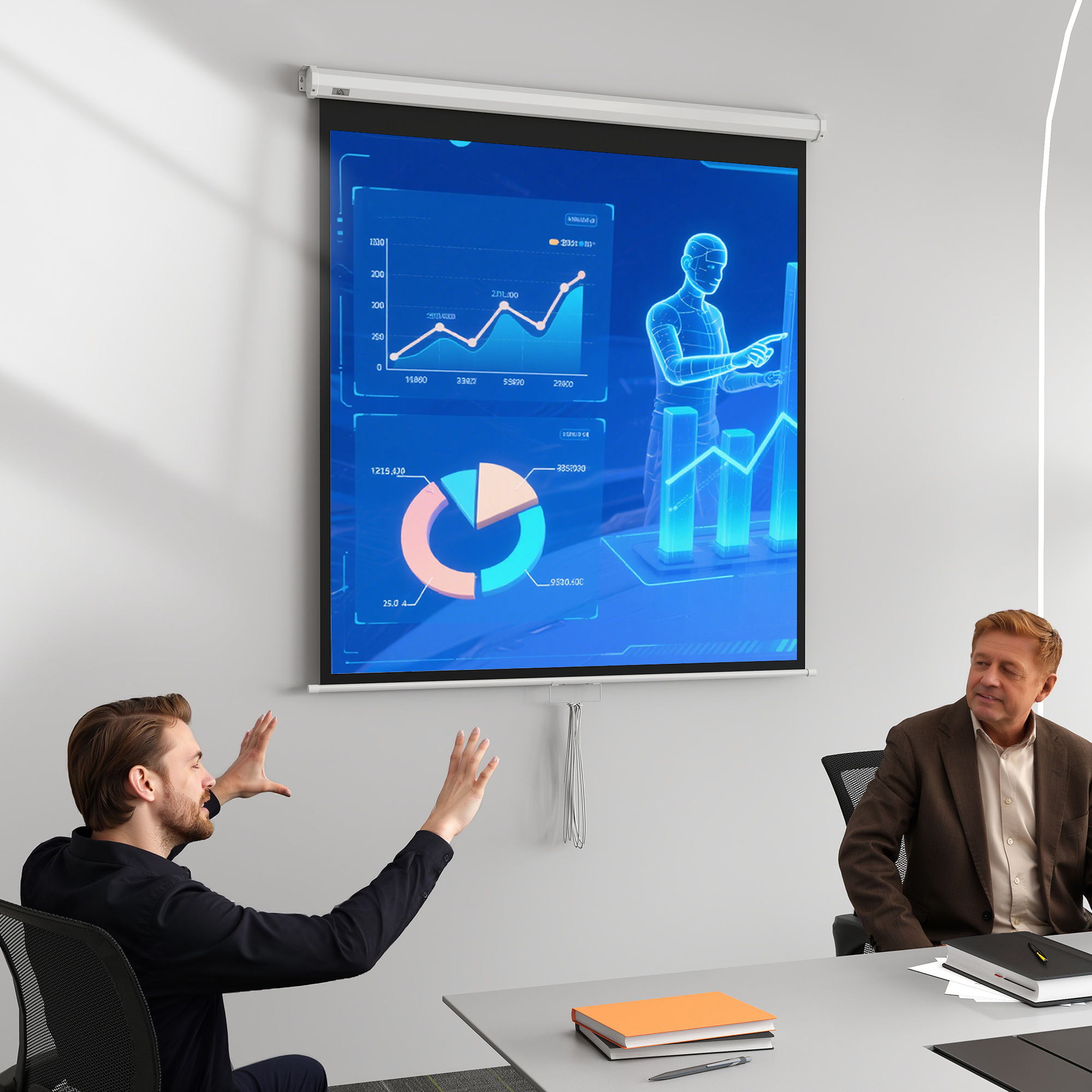 Dos hombres en una sala de reuniones, uno gesticulando hacia una pantalla con gráficos. La pantalla muestra visualizaciones de datos.