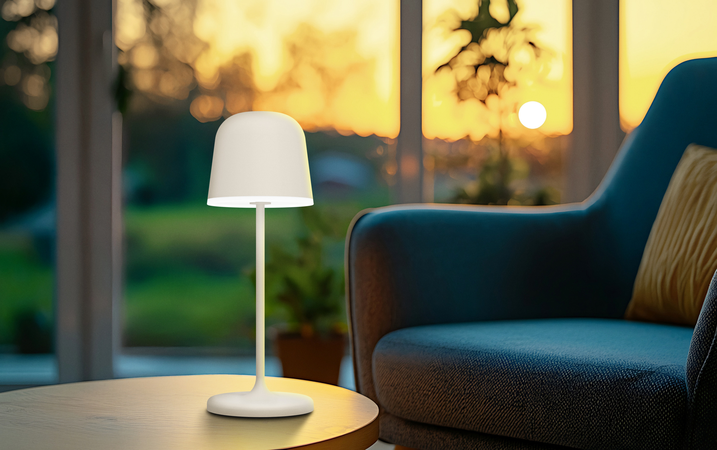 Eine weiße Lampe auf einem Holztisch, ein blauer Stuhl mit gelbem Kissen und Sonnenuntergang im Hintergrund.