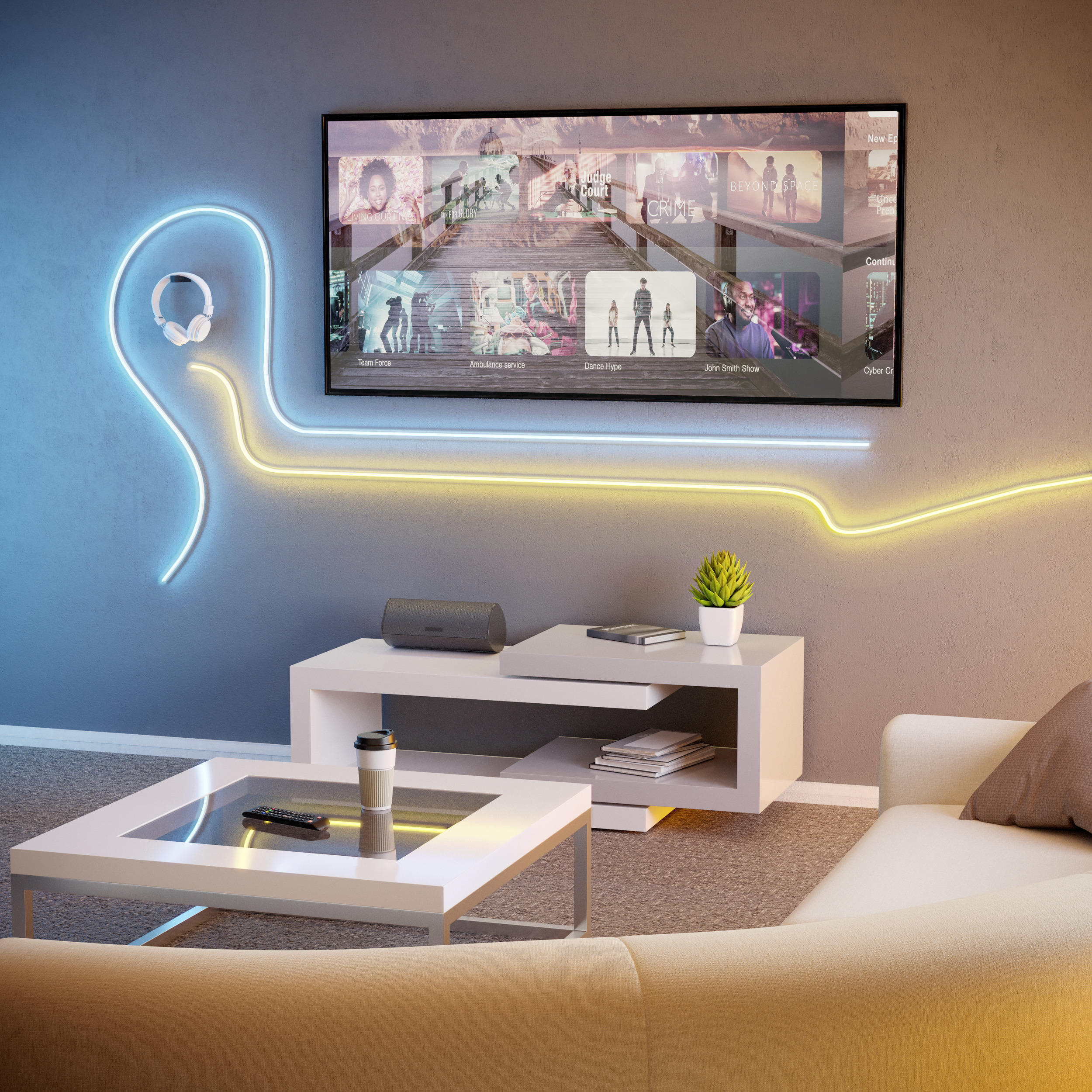 Ein modernes Wohnzimmer mit Fernseher. Neonlichter bilden ein Ohr. Ein Couchtisch und Sofa stehen davor.