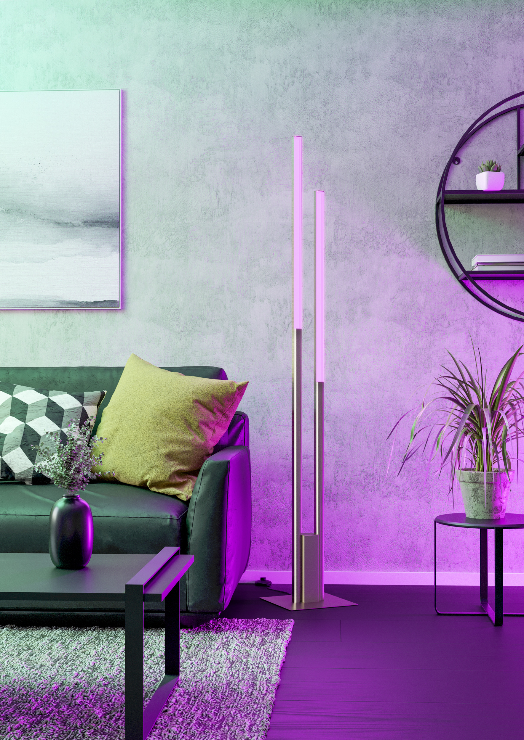 Ein modernes Wohnzimmer mit schwarzem Sofa, Lampe, Gemälde und kleinem Tisch mit Pflanze, alles unter farbigem Licht.