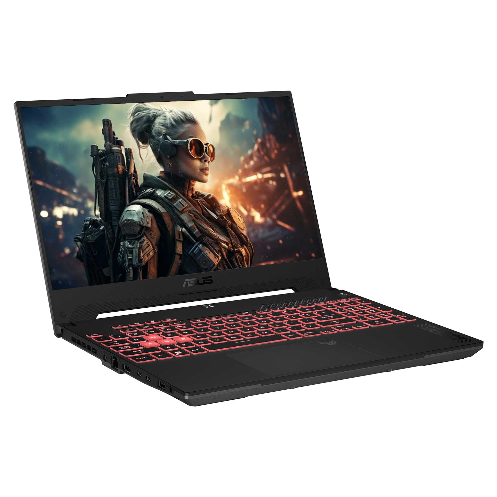 Kırmızı arkadan aydınlatmalı klavyeli siyah ASUS dizüstü bilgisayar. Ekranda güneş gözlüklü ve silahlı bir kadın görülüyor. Açılı görünüm, beyaz zemin.