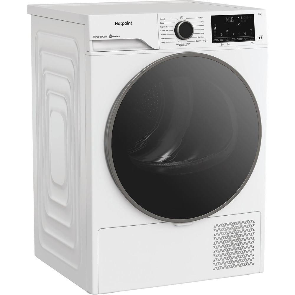 Un'asciugatrice Hotpoint bianca con porta e pannello di controllo neri. La porta è rotonda e il pannello mostra le impostazioni.