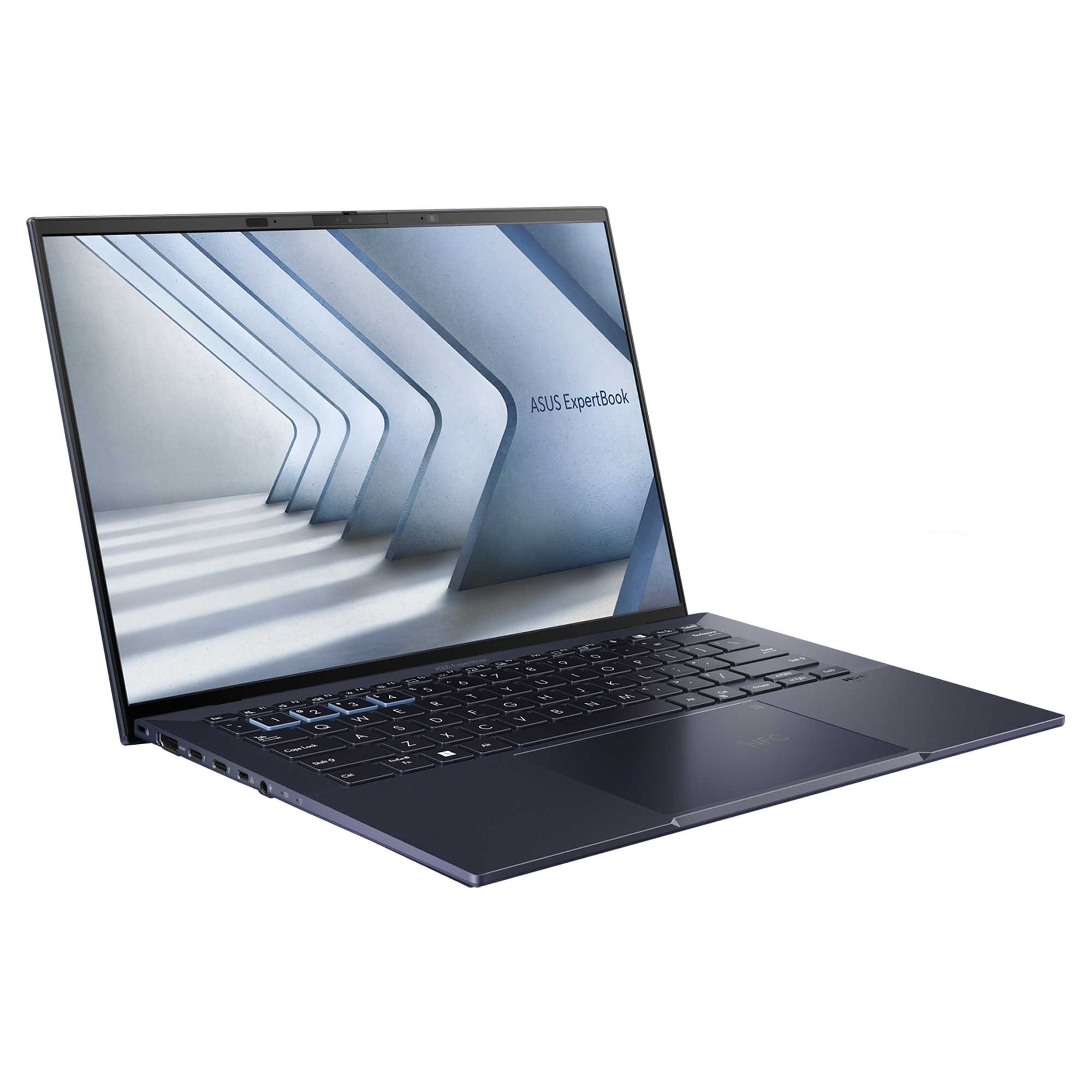 Koyu mavi bir ASUS ExpertBook dizüstü bilgisayar. Ekran mavi ve beyaz soyut bir tasarım gösteriyor. Klavye görünür durumda.
