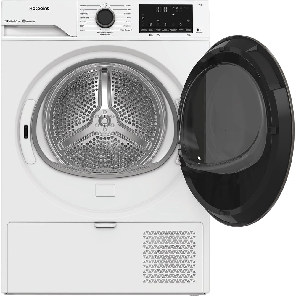 Asciugatrice Hotpoint bianca con porta nera aperta. Cestello argentato e pannello comandi visibili. Pulsanti e display sul pannello.