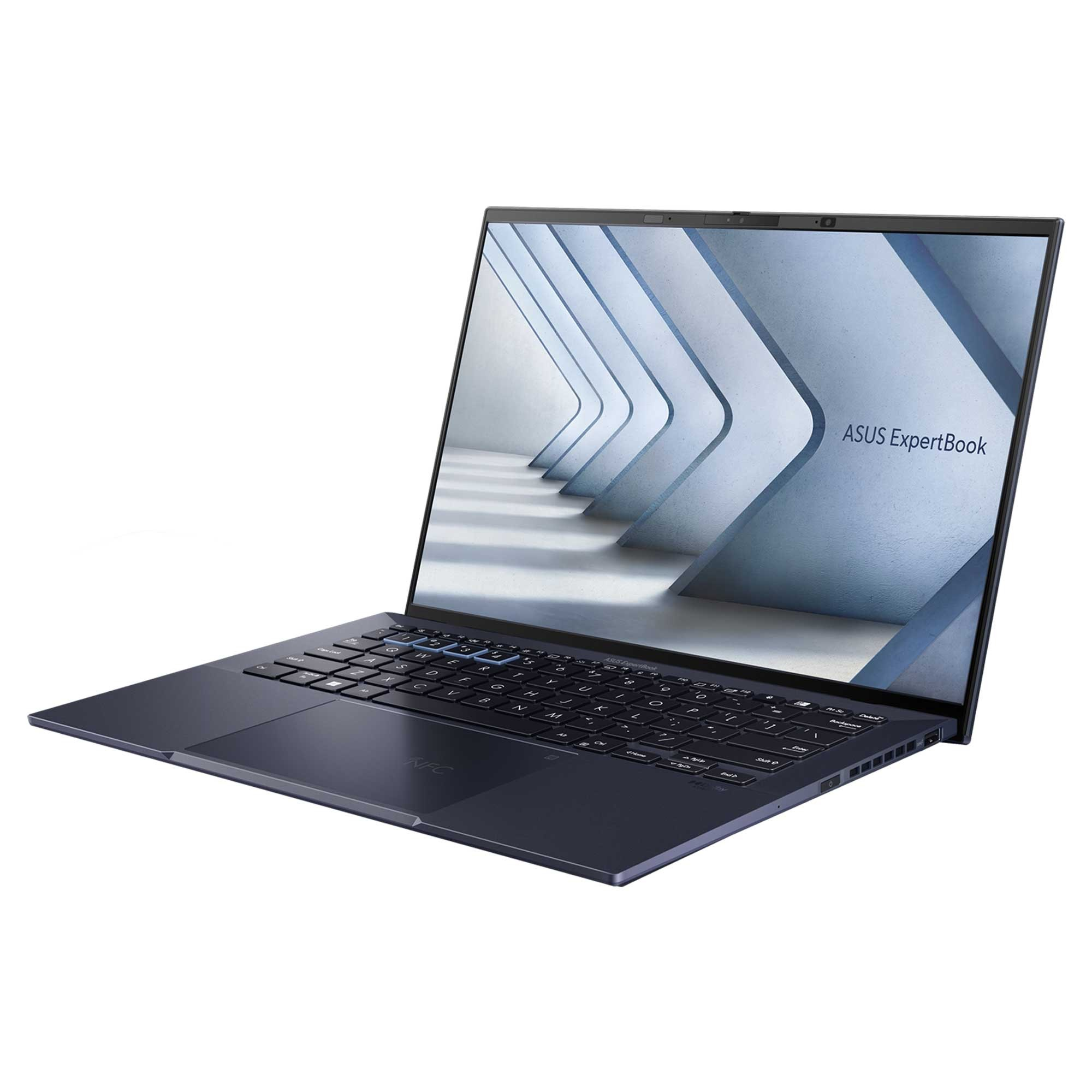 Koyu mavi bir ASUS ExpertBook dizüstü bilgisayar. Ekran beyaz ve gri bir tasarım gösteriyor. Klavye görünür.