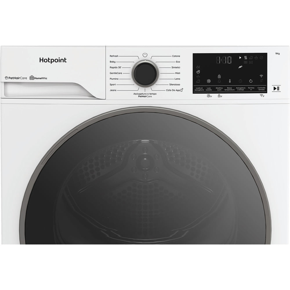 Un'asciugatrice Hotpoint bianca. Ha un pannello di controllo con impostazioni e un display digitale. L'oblò è grande e scuro.