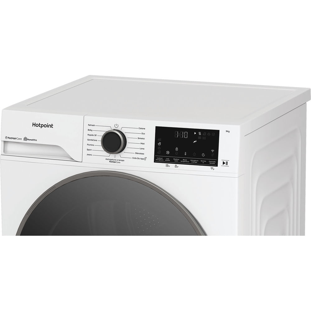 Un'asciugatrice Hotpoint bianca con pannello di controllo, display e porta circolare scura. Pulsanti e impostazioni visibili.