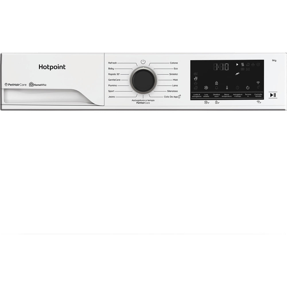 Un pannello di controllo dell'asciugatrice Hotpoint bianco con display digitale, pulsanti e un quadrante per diversi cicli di lavaggio.