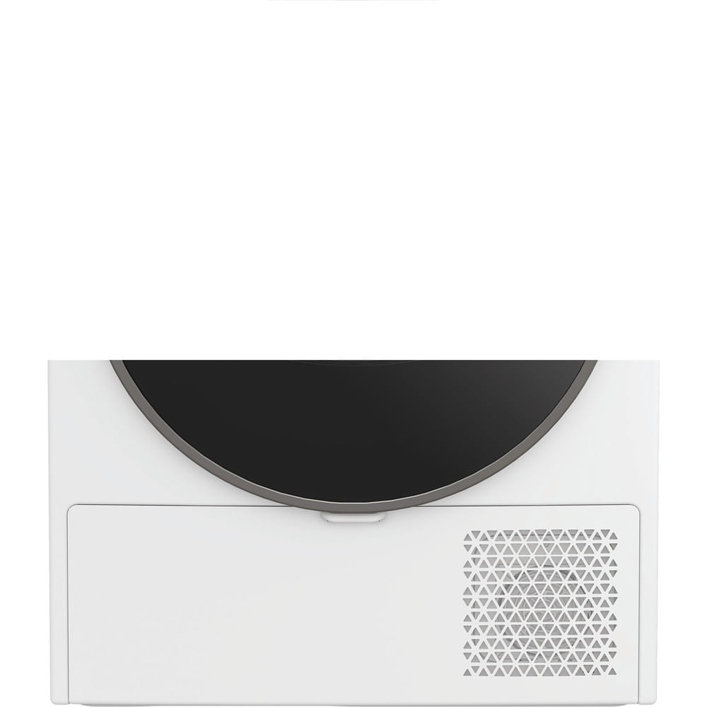 Un elettrodomestico bianco con la parte superiore nera. Ha una presa d'aria con un motivo triangolare. Sotto la parte superiore nera è visibile un cassetto.
