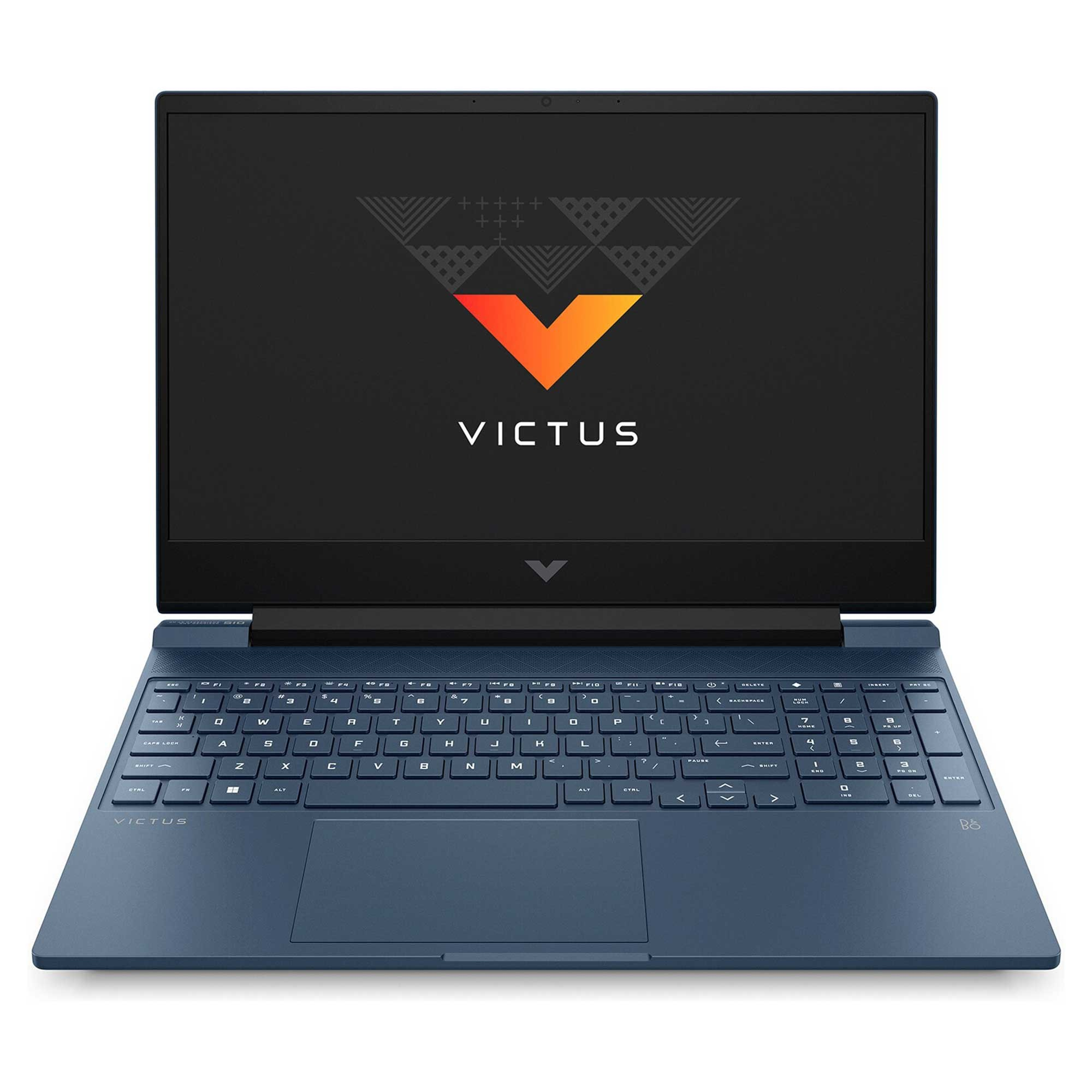Victus logosu gösteren, ekranı yanan mavi bir dizüstü bilgisayar. Klavyesi ve dokunmatik yüzeyi görünür.