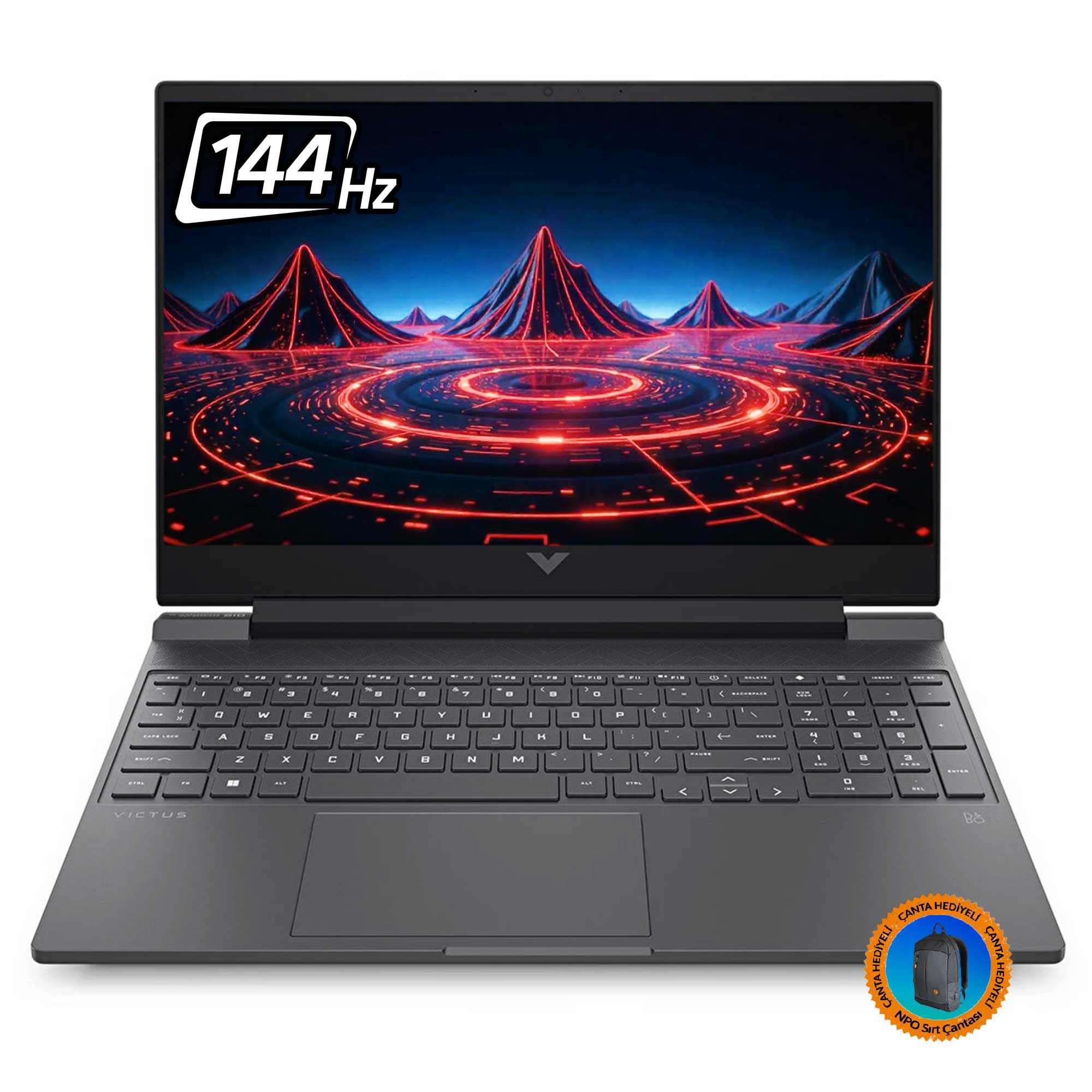 Parlak ekranlı siyah dizüstü bilgisayar. Klavye görülebilir. Ekran kırmızı ve mavi dağ manzarası ve '144Hz' metnini gösteriyor.