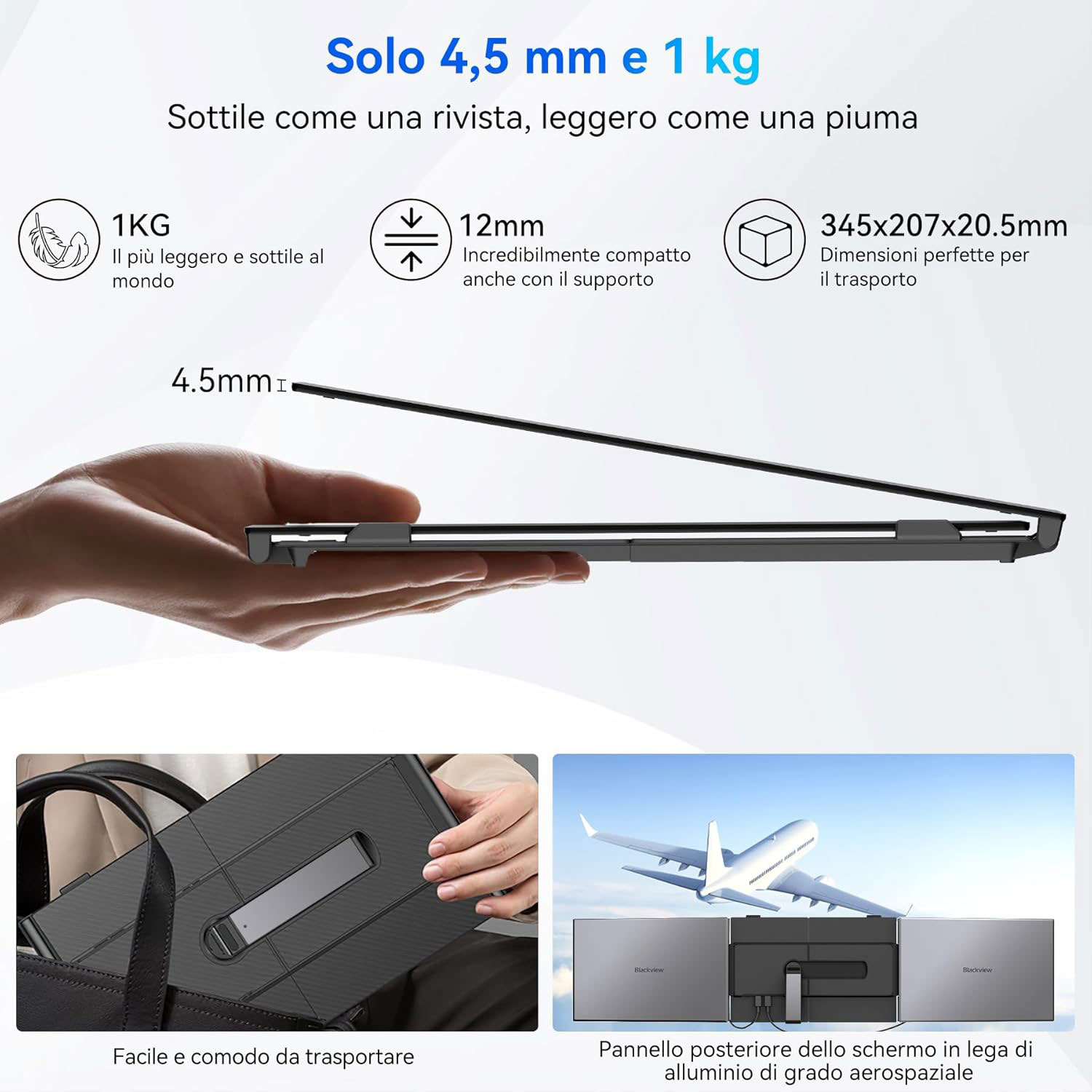 Un tablet sottile viene mostrato con un testo sulle sue dimensioni e il suo peso. Viene tenuto in mano. Altre immagini lo mostrano in una borsa e con un aereo.