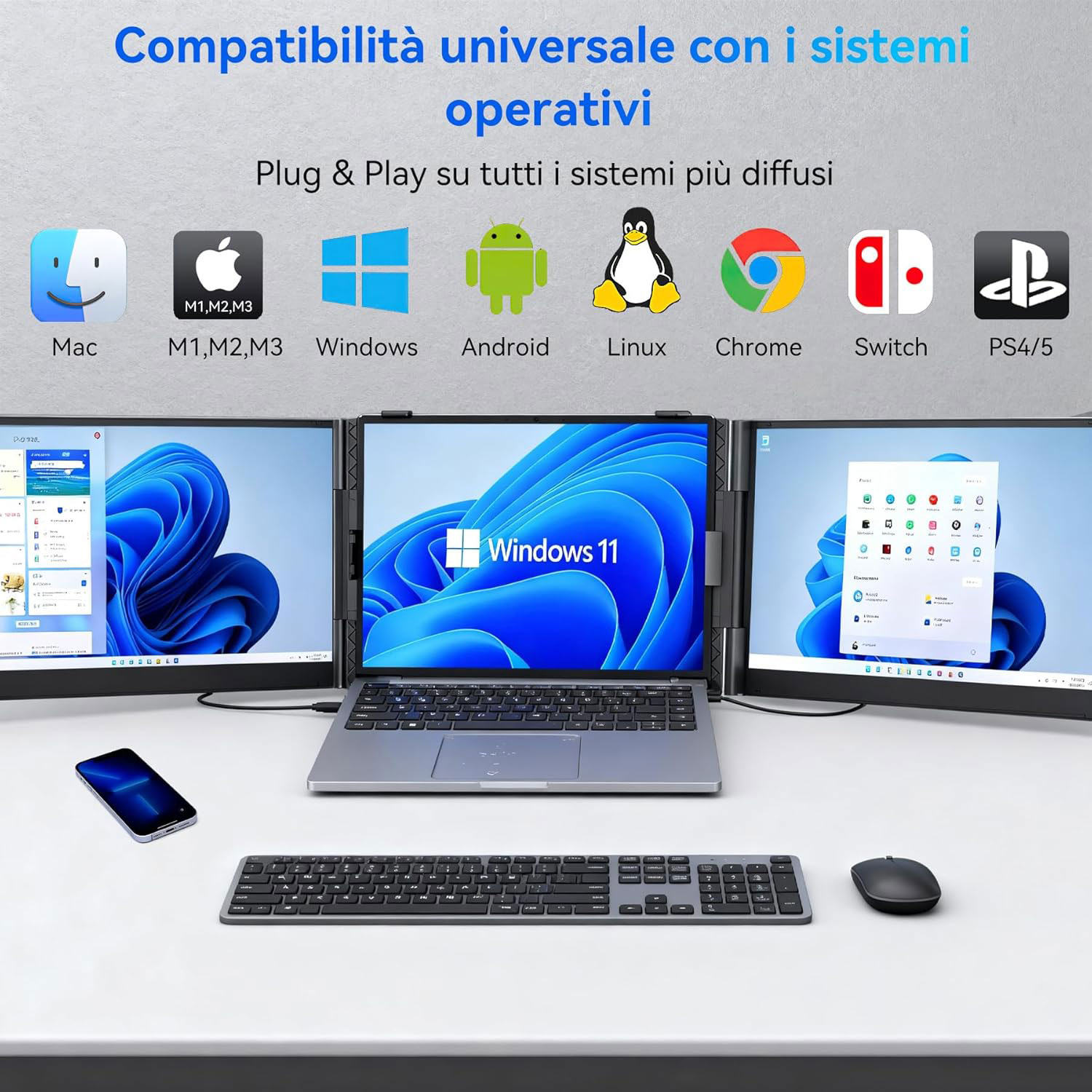 Un laptop con tre schermi che mostrano l'interfaccia di Windows 11. È collegato a tastiera, mouse e smartphone.