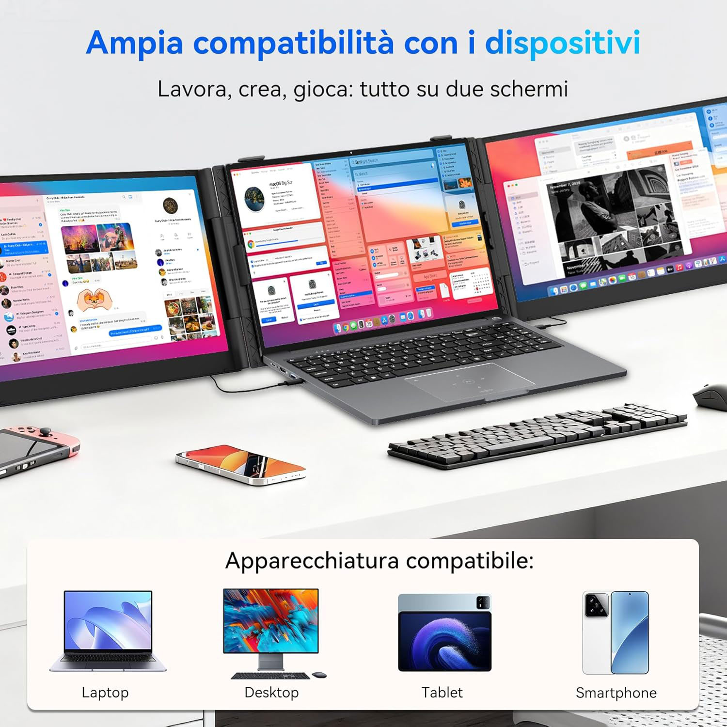 Un laptop con due schermi extra che mostrano interfacce diverse. Dispositivi compatibili: laptop, desktop, tablet e smartphone.