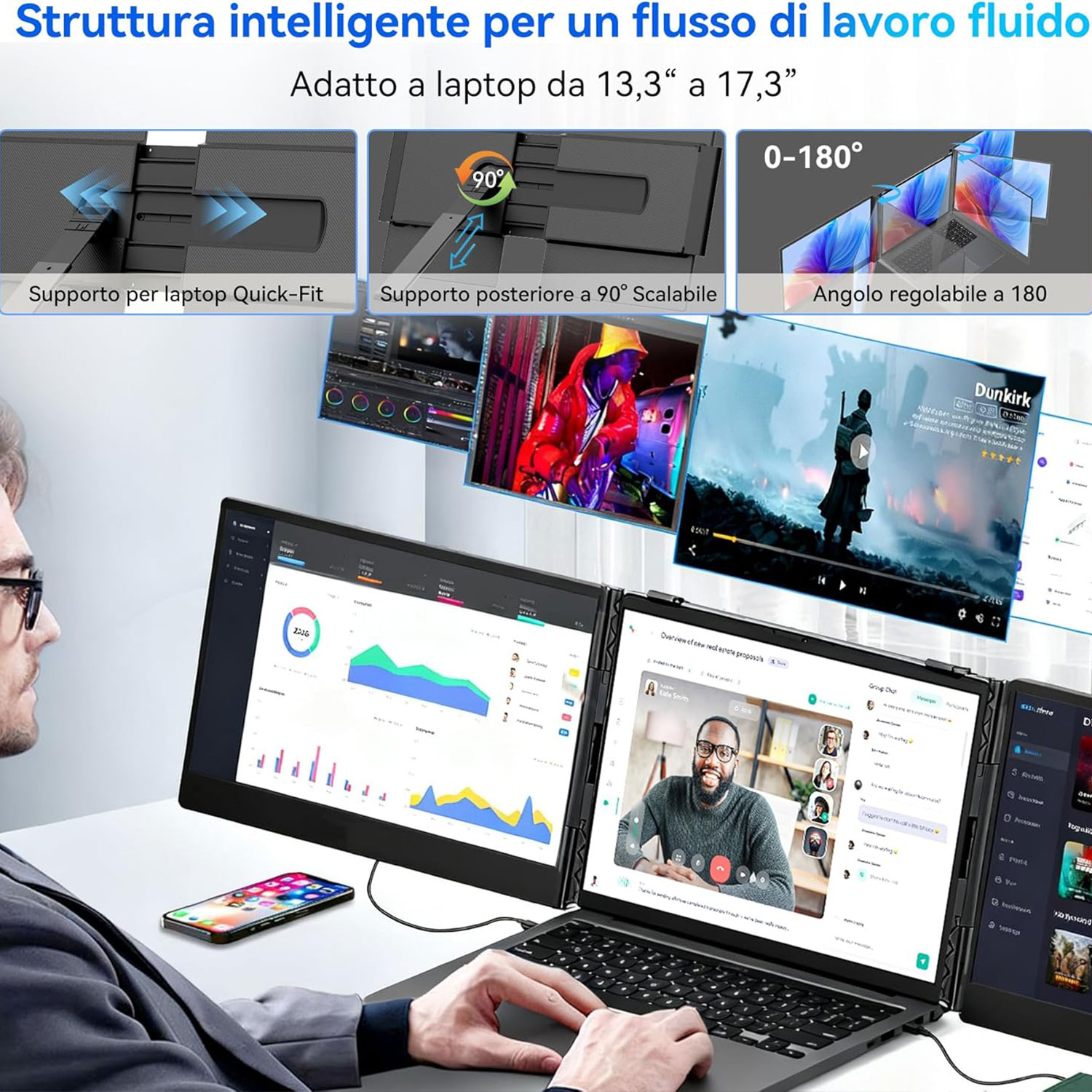 Un uomo usa un laptop con tre schermi. Gli schermi mostrano grafici, videochiamate e un film. Il testo è in italiano.