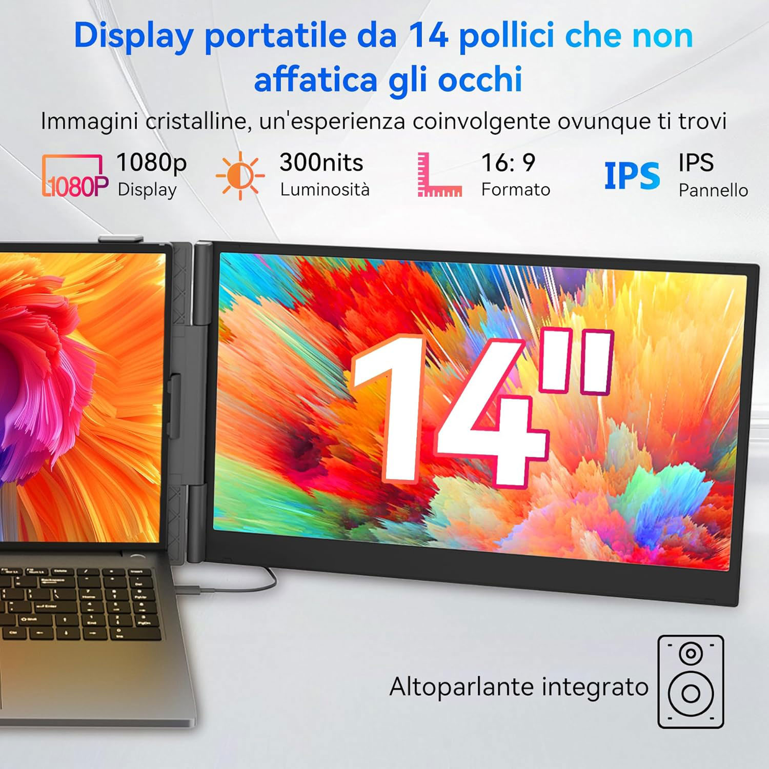 Un display portatile da 14 pollici con un laptop collegato. Lo schermo mostra arte astratta colorata e ha altoparlanti integrati.