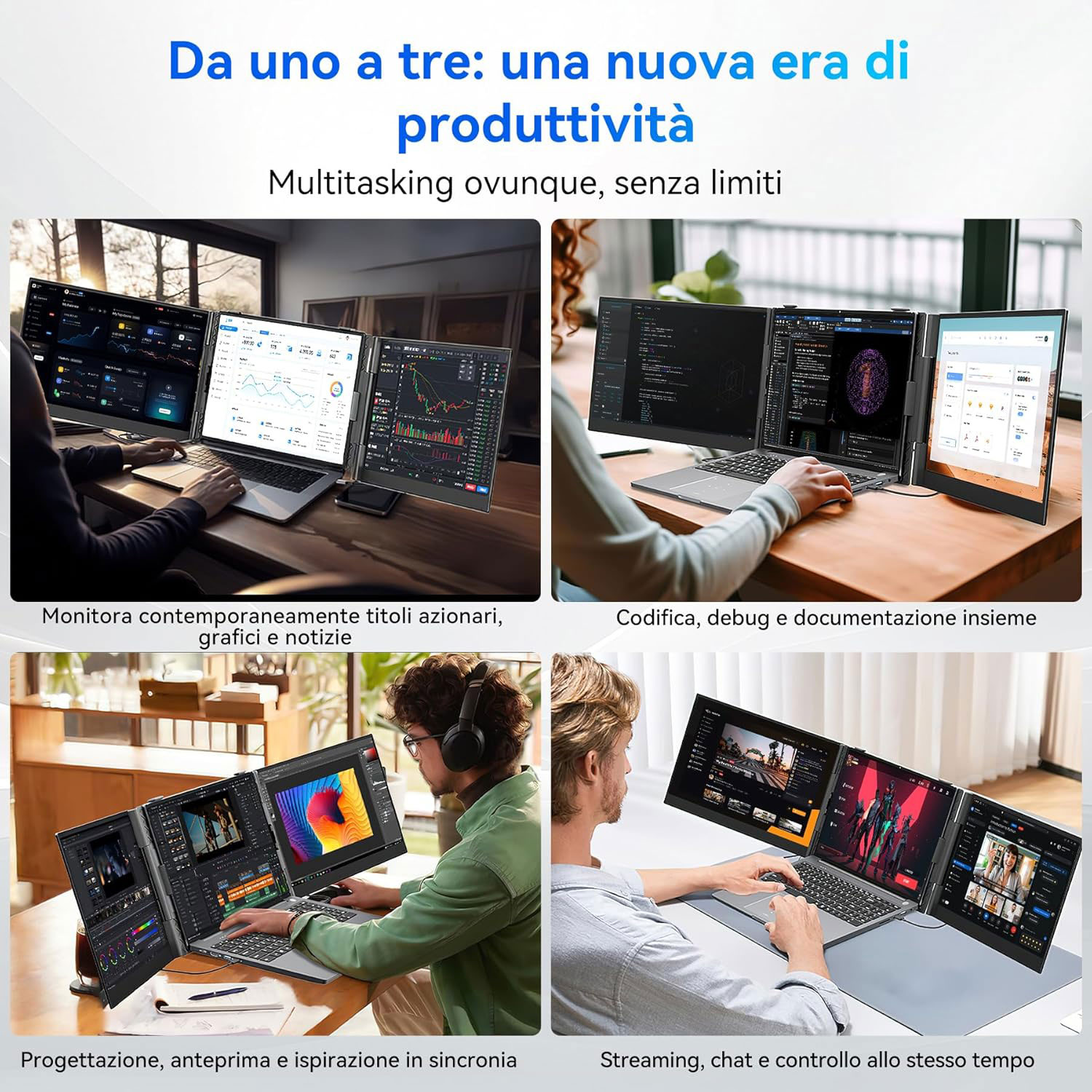 Quattro immagini mostrano persone che usano laptop con più schermi. Ogni scena raffigura diverse attività come trading, codifica e streaming.
