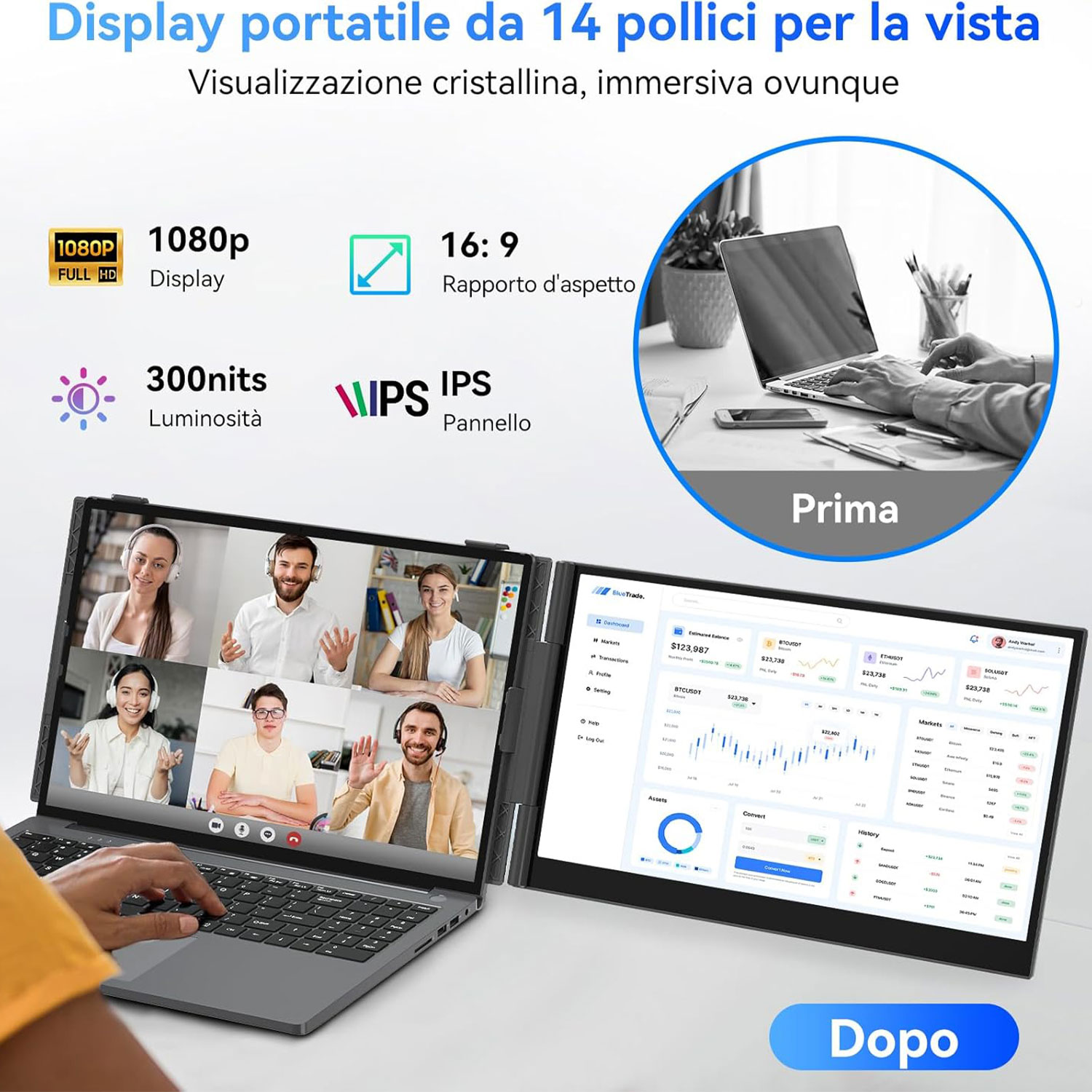 Un laptop con due schermi mostra una videochiamata e una piattaforma di trading, evidenziando caratteristiche come display 1080p e rapporto 16:9.