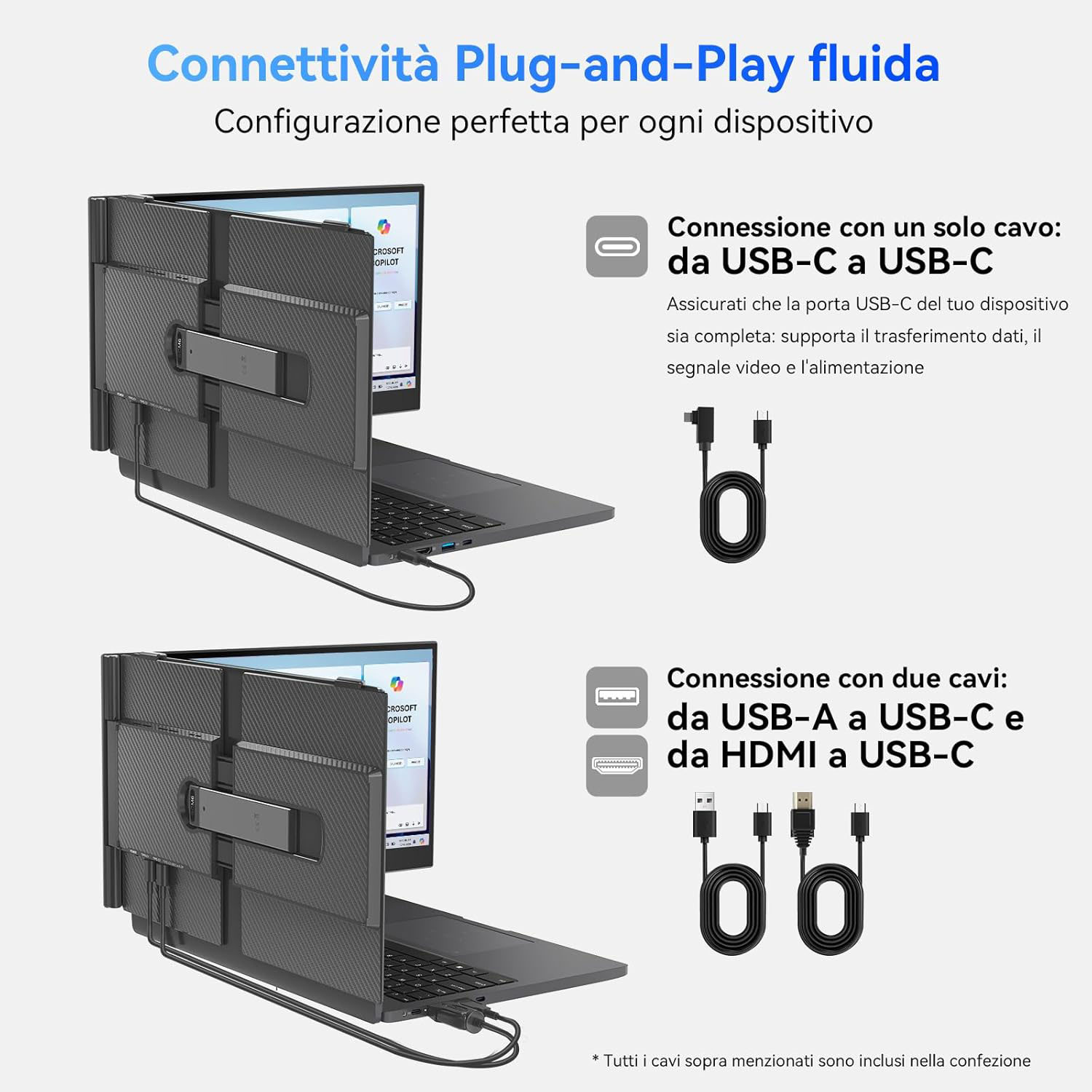 Un laptop collegato a un dispositivo tramite USB-C. Vengono mostrati due diagrammi di connessione: USB-C a USB-C e cavi USB-A/HDMI a USB-C.