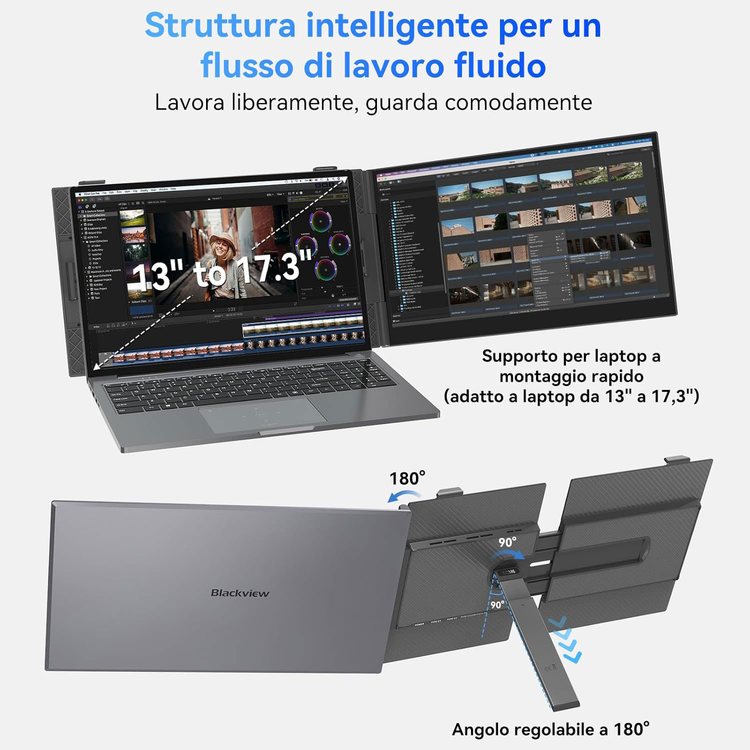 Laptop con due schermi, uno mostra un software di editing video. Un supporto e testo sulle caratteristiche del prodotto sono visibili.
