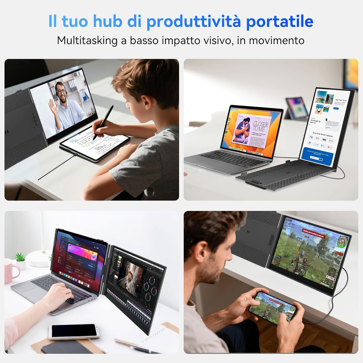 L'immagine mostra un ragazzo che usa uno stilo su un tablet, un laptop con un libro, un altro con un sito web e un uomo che gioca sul telefono.