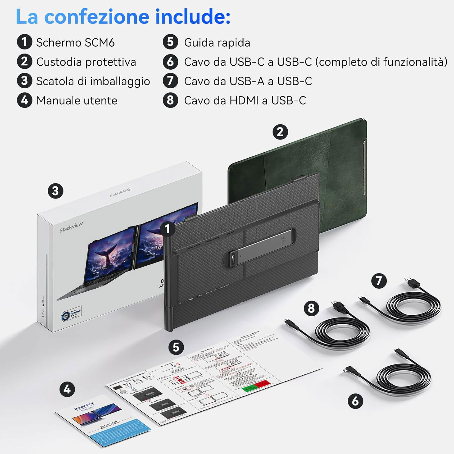 L'immagine mostra uno schermo per laptop, una custodia protettiva, una scatola, un manuale utente, una guida rapida e vari cavi USB e HDMI.