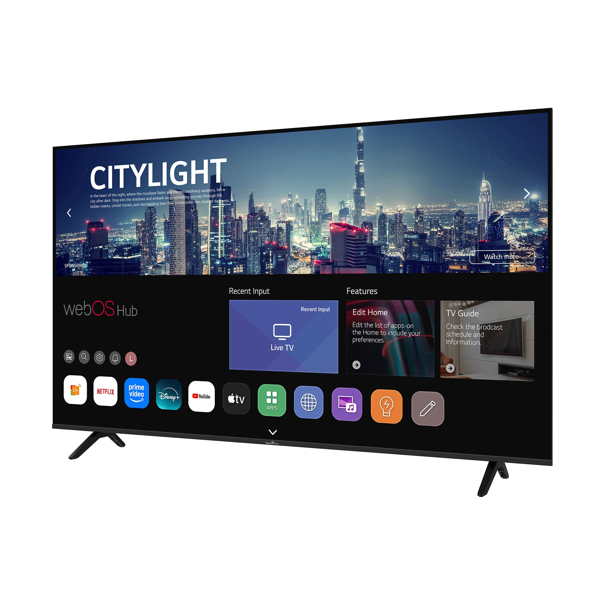 Un televisor grande muestra una ciudad de noche con iconos de aplicaciones. El televisor es negro y tiene patas finas.