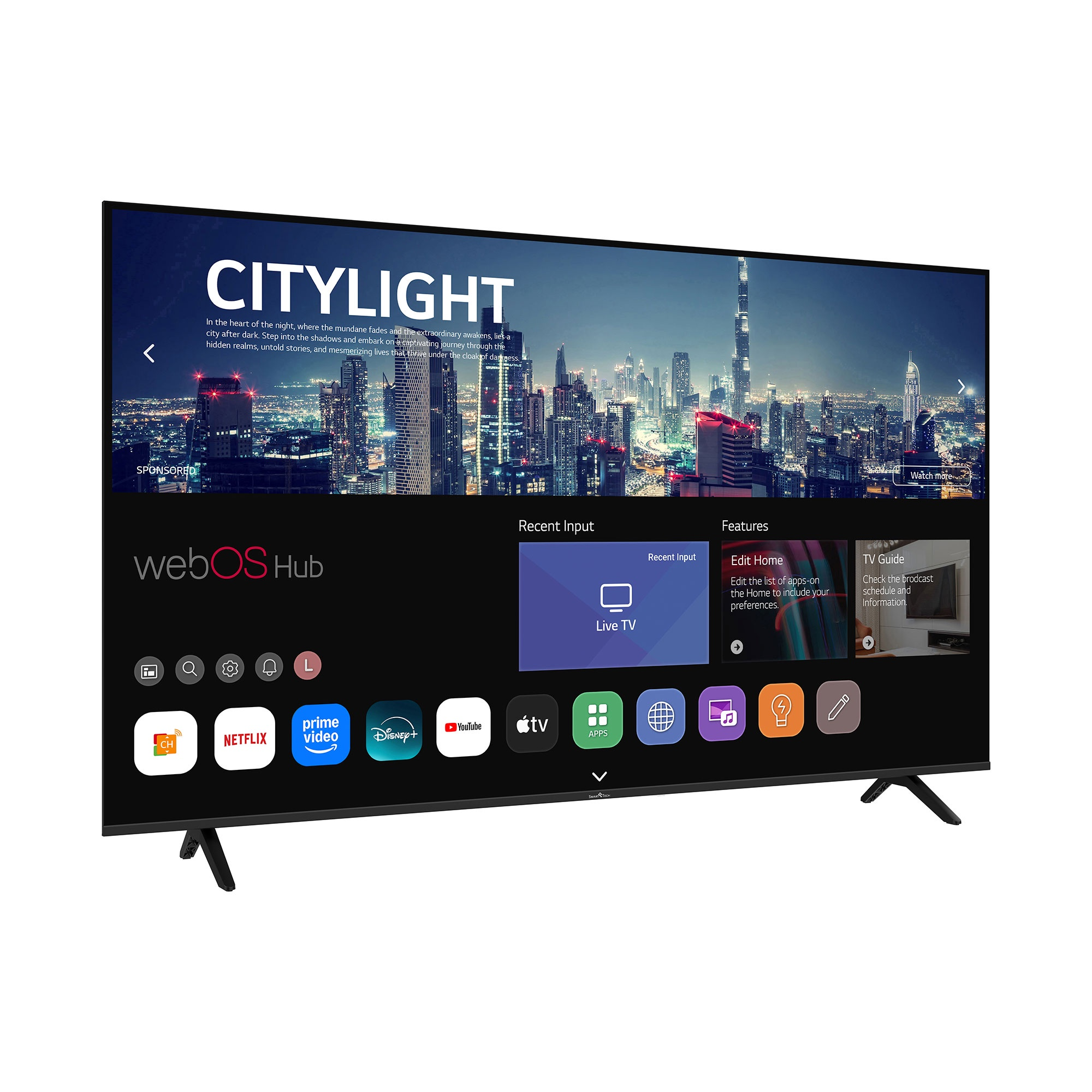 Un televisor de pantalla plana muestra una ciudad de noche. La pantalla muestra aplicaciones y un anuncio de 'Citylight'.