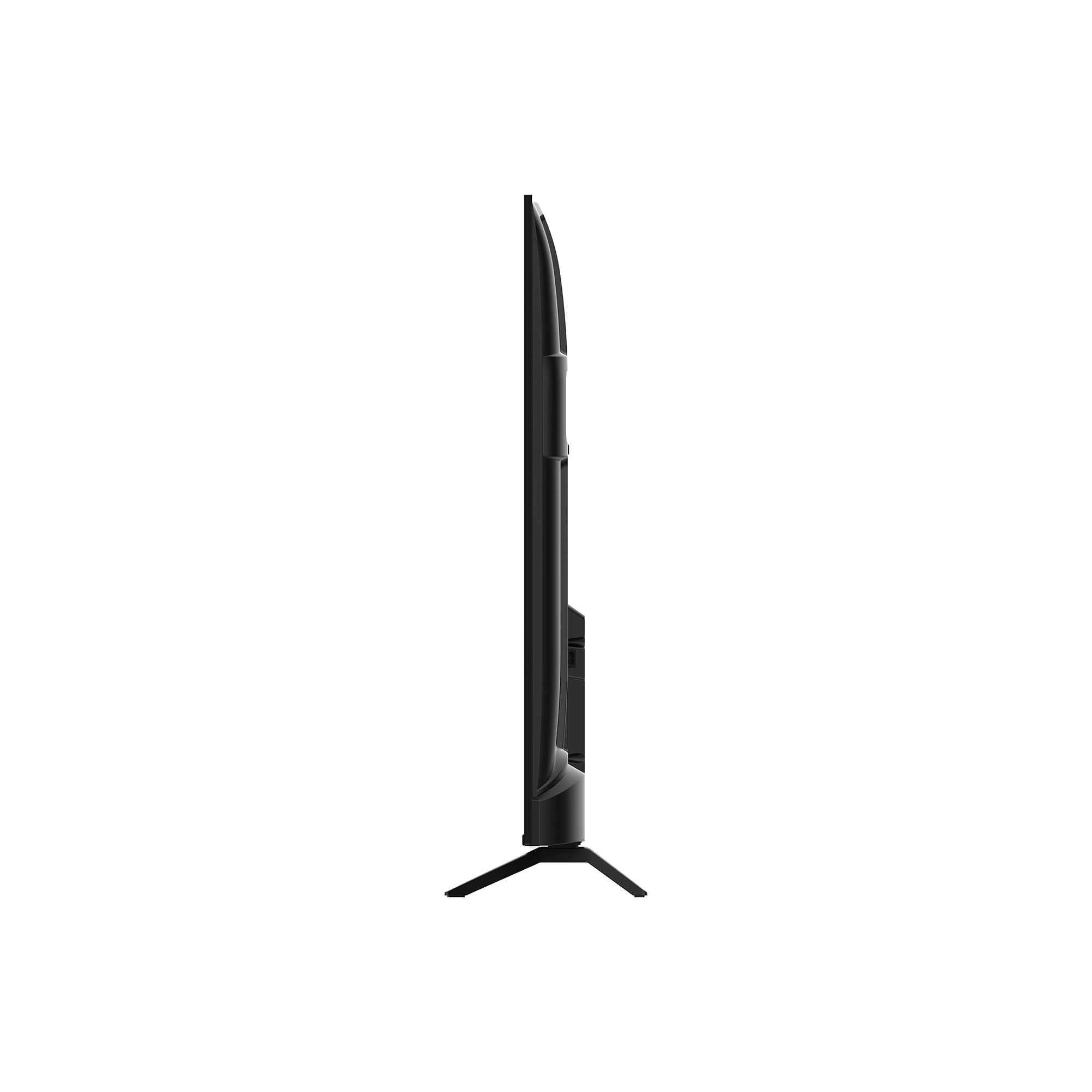 Vista lateral de un televisor de pantalla plana negro sobre un fondo blanco. El televisor es alto y delgado, con un soporte.