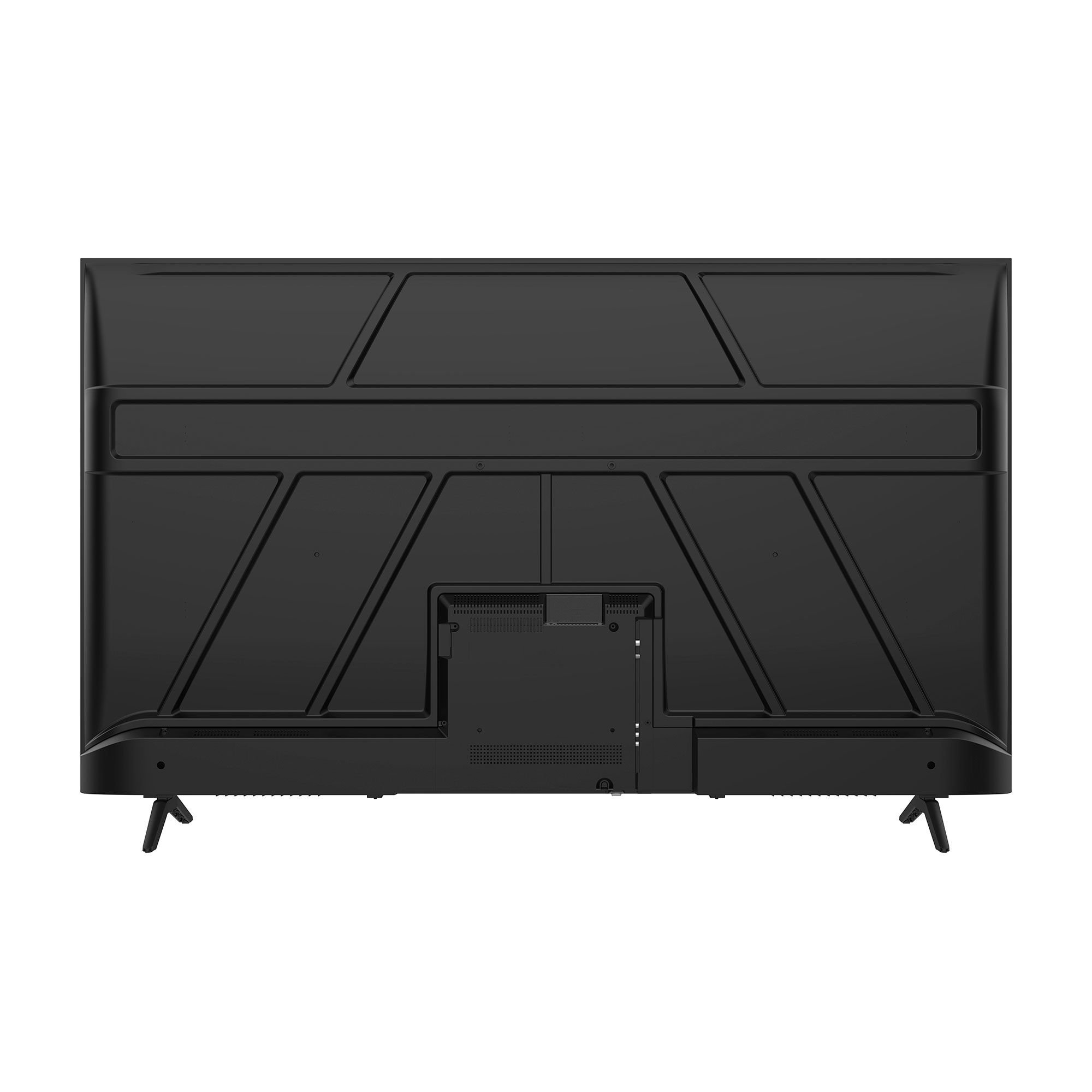 Vista trasera de un televisor negro. Tiene patrones geométricos, puertos y dos patas de soporte. El fondo es blanco.