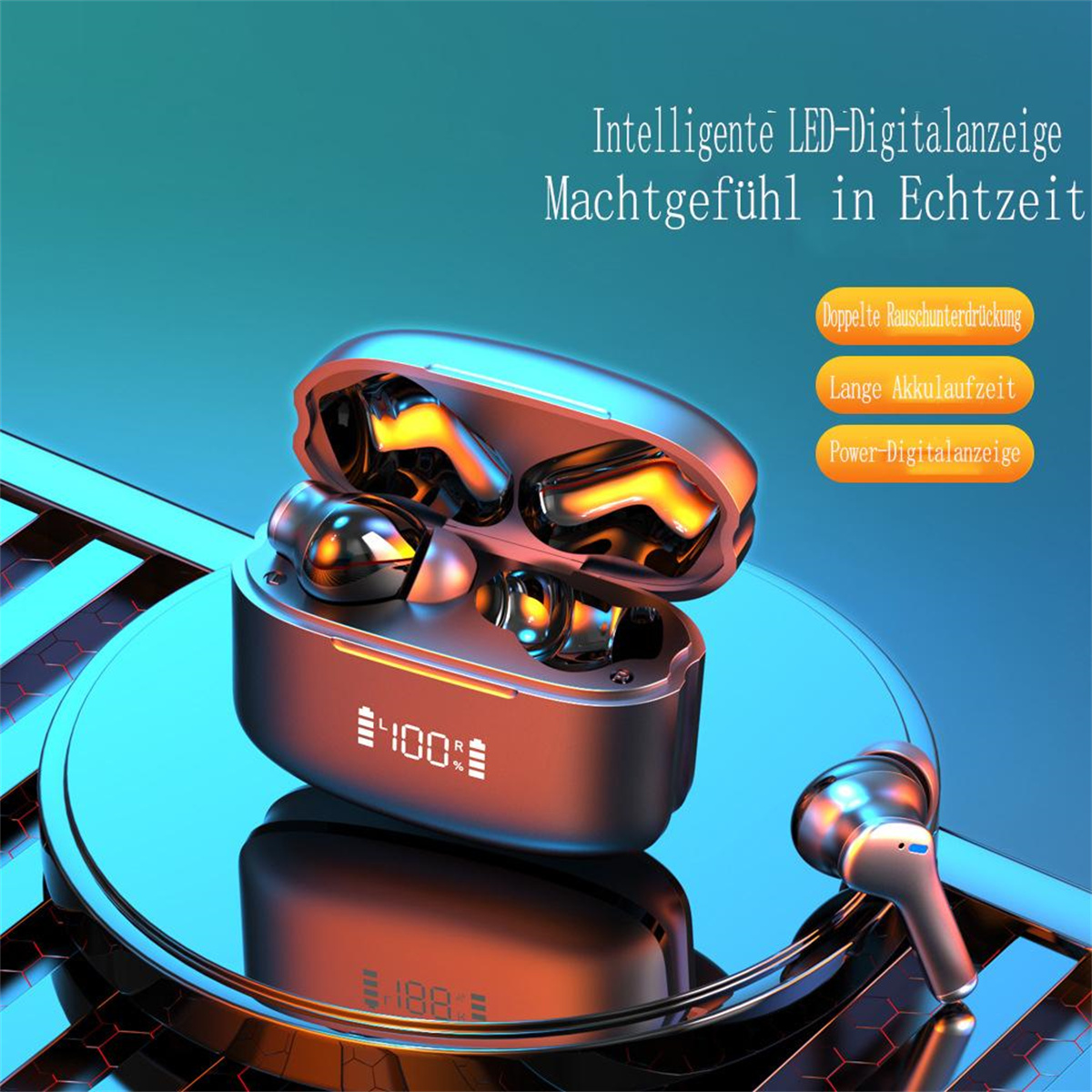 Ohrhörer in einem Ladekoffer, mit digitaler Anzeige, die 100% anzeigt. Deutscher Text erwähnt Geräuschreduzierung und Akkulaufzeit.