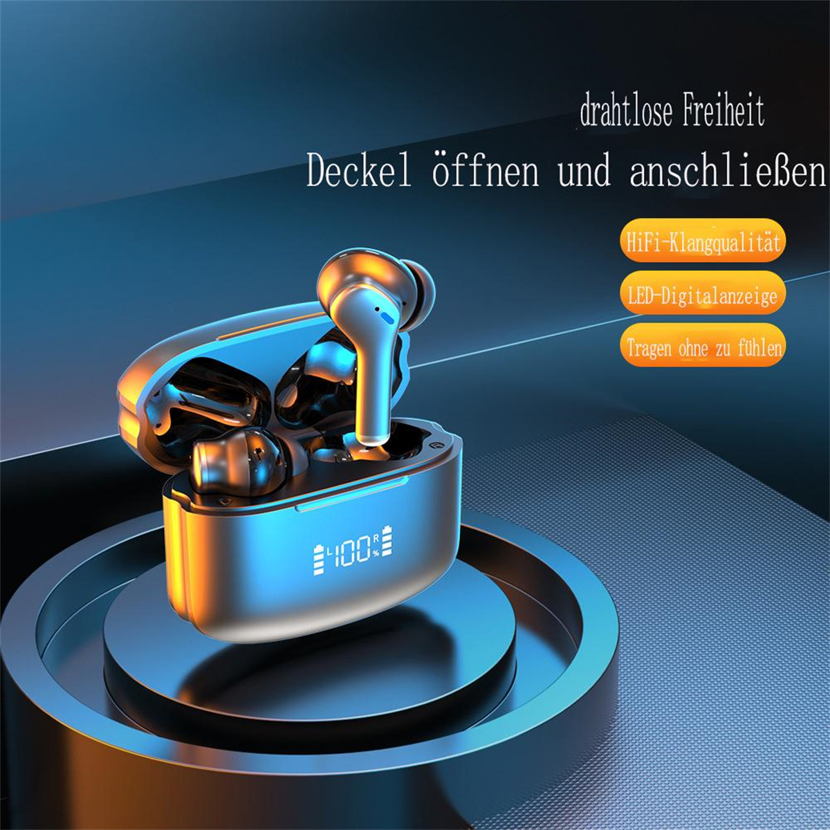 Ohrhörer in einem Ladekoffer. Der Koffer hat eine Digitalanzeige. Text sagt 'drahtlose Freiheit', 'öffnen und verbinden' und Funktionen.