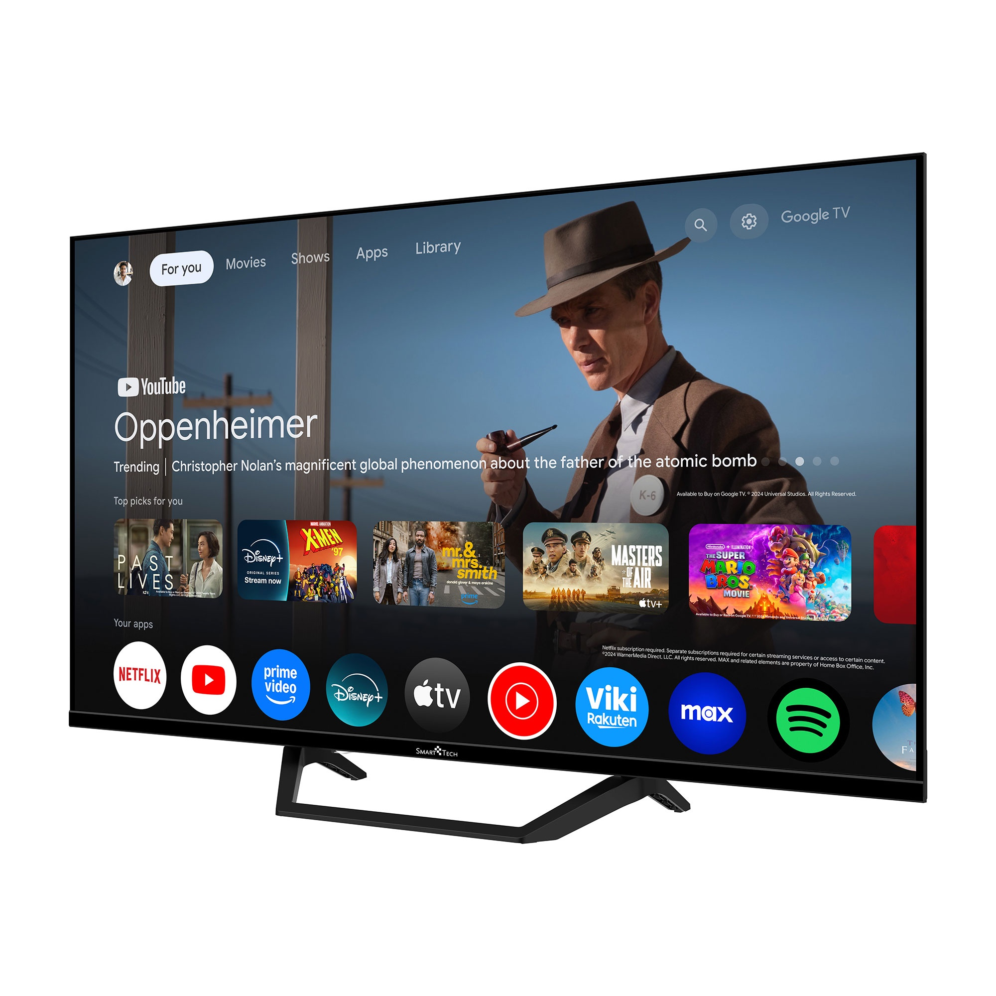 Ein Smart-TV zeigt den Film Oppenheimer. Apps wie Netflix und YouTube sind sichtbar, zusammen mit Streaming-Diensten.
