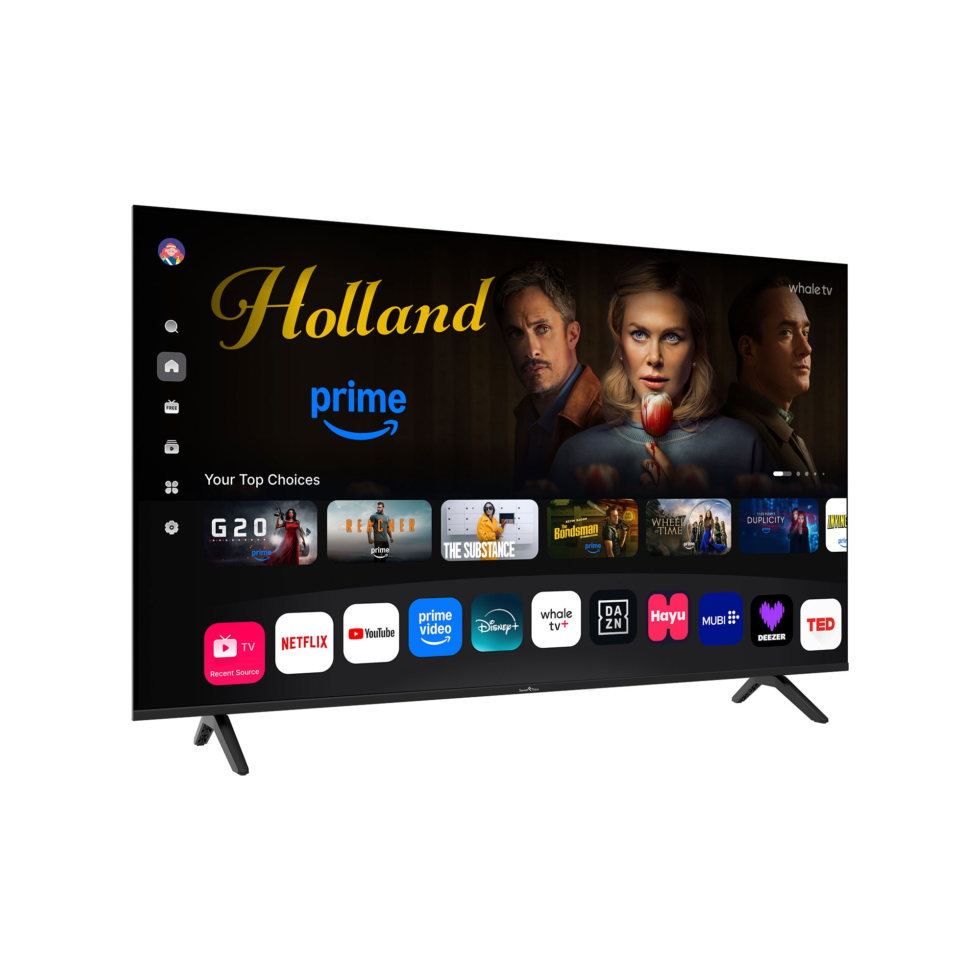 Un televisore a schermo piatto mostra un'interfaccia di streaming. Sono visibili programmi e app come Netflix. Il televisore è su sfondo bianco.