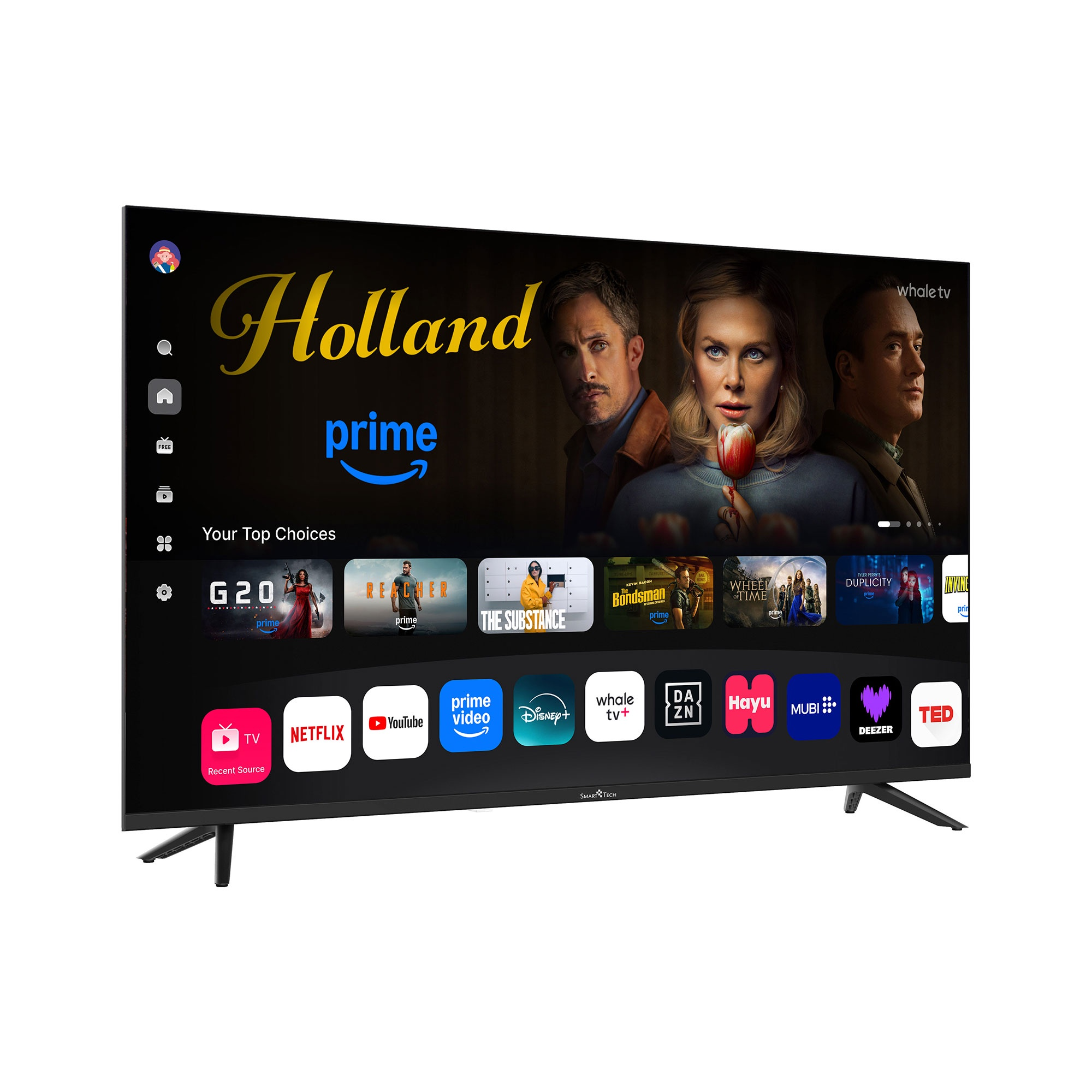 Ein Flachbildfernseher zeigt eine Streaming-Oberfläche. Vorgestellte Filme und App-Symbole sind sichtbar.