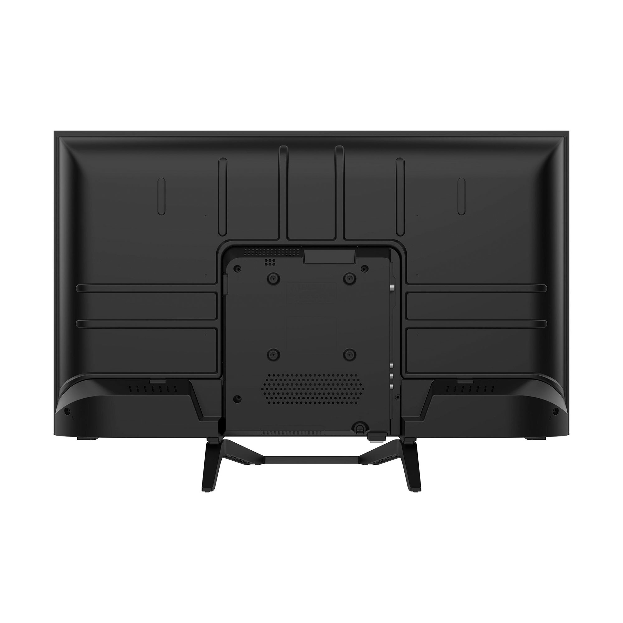Vista trasera de un televisor negro. Incluye soporte, orificios de ventilación y varios puntos de conexión. Diseño moderno.