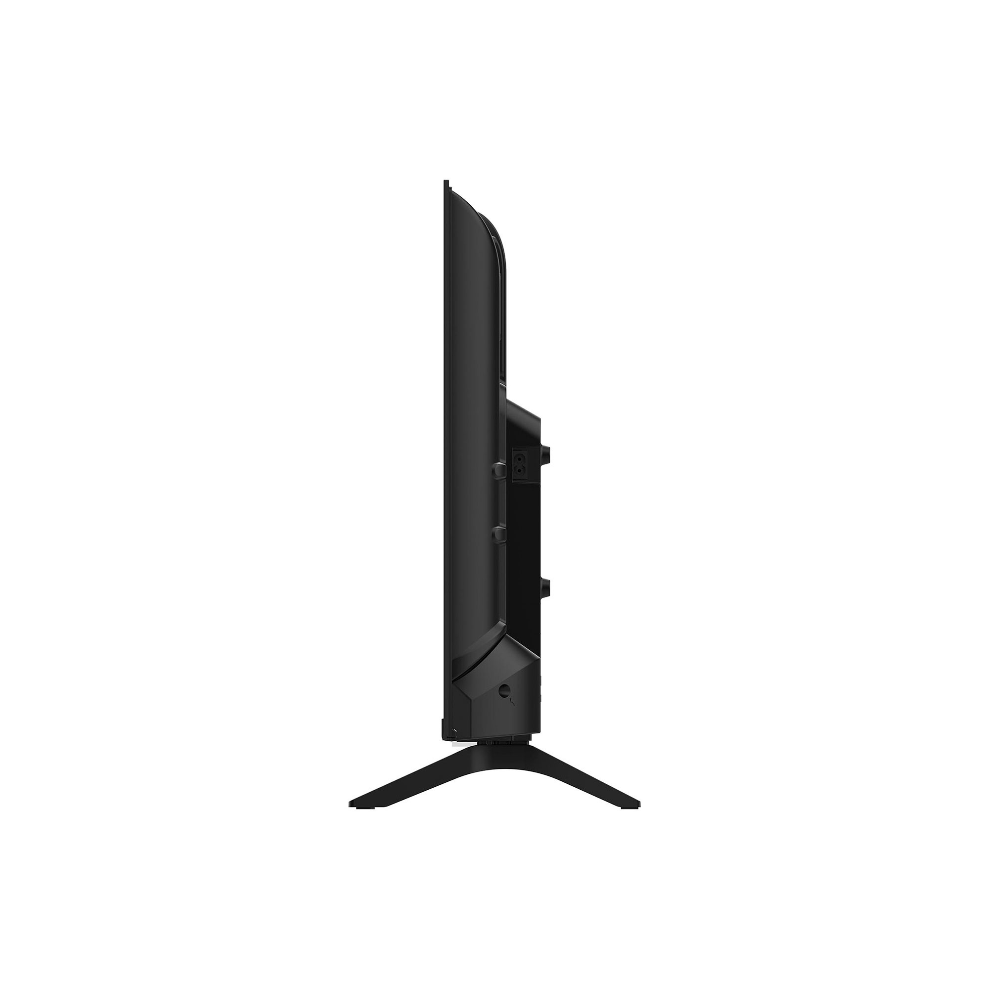 Vista lateral de un televisor de pantalla plana negro. Está sobre una superficie blanca, con un soporte.