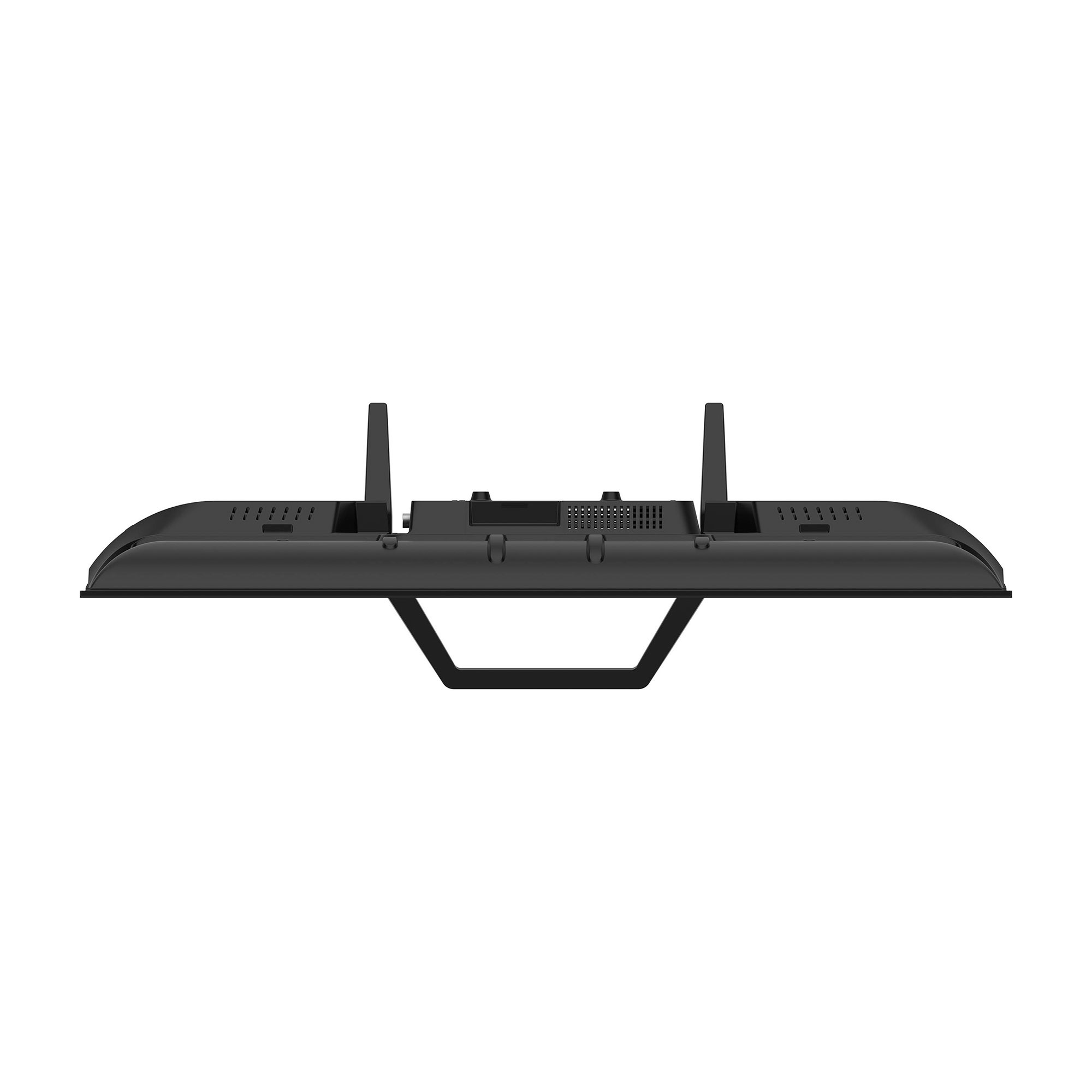 Un televisor negro desde arriba. El televisor tiene dos soportes verticales y un marco de metal.