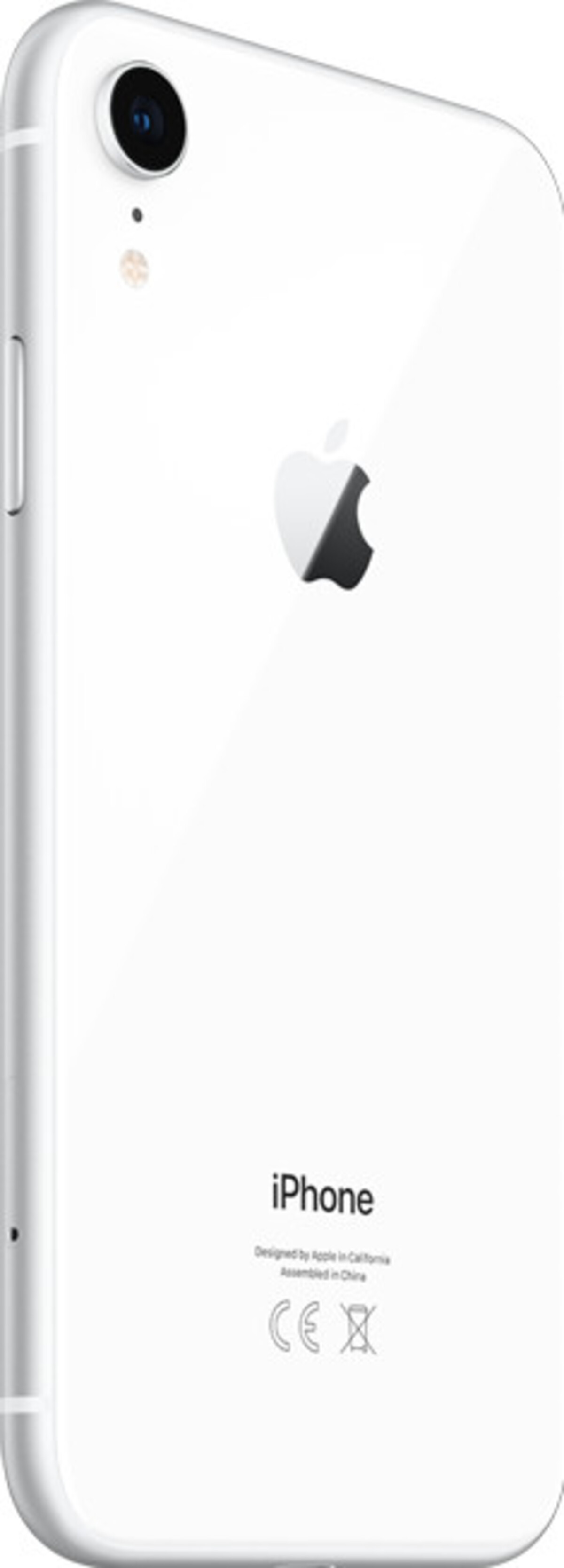 Rückseite des weißen iPhone XR. Kamera, Apple-Logo und iPhone-Text sind sichtbar. Entworfen von Apple in Kalifornien.