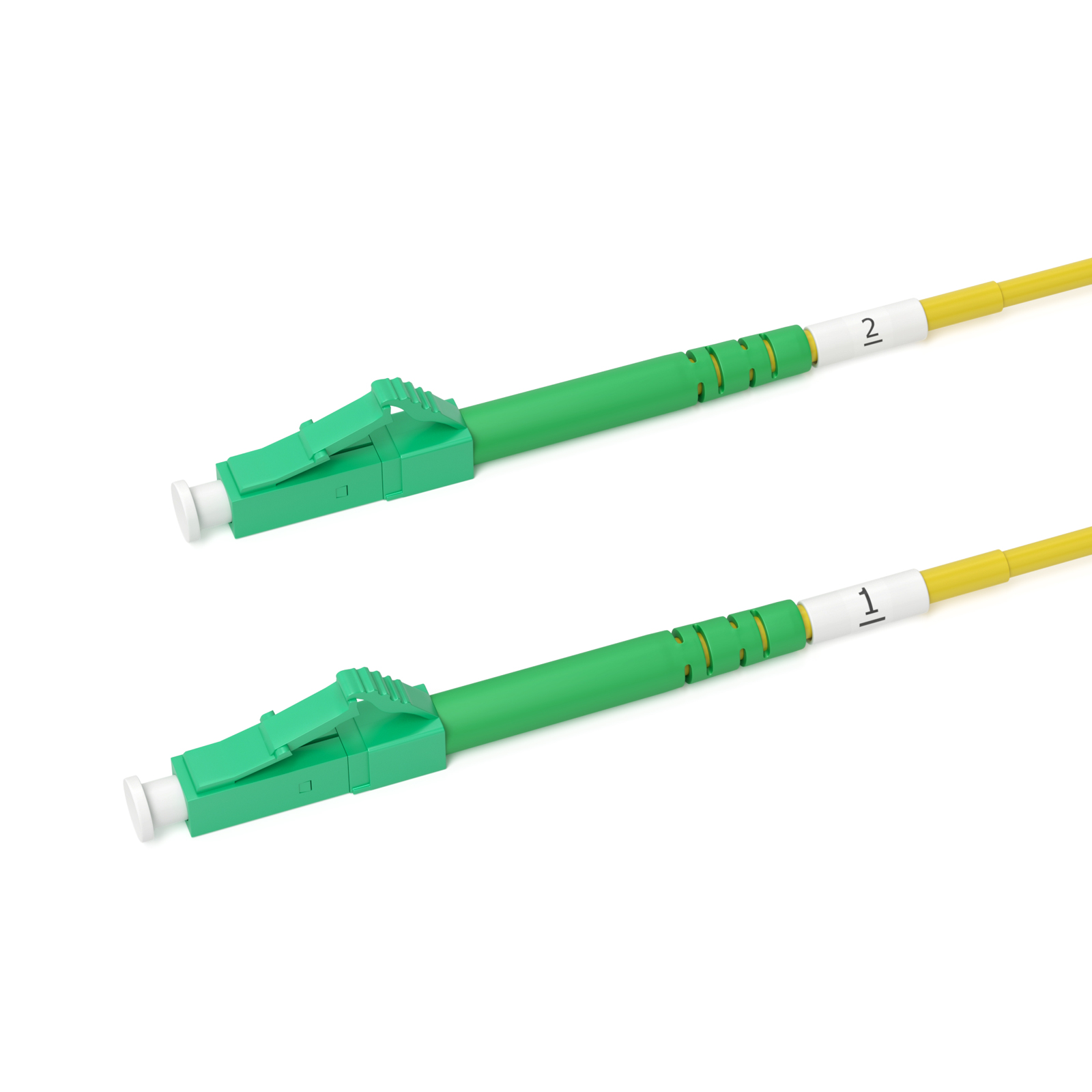 Zwei grüne Glasfaserstecker mit gelben Kabeln, beschriftet mit 1 und 2, vor weißem Hintergrund.